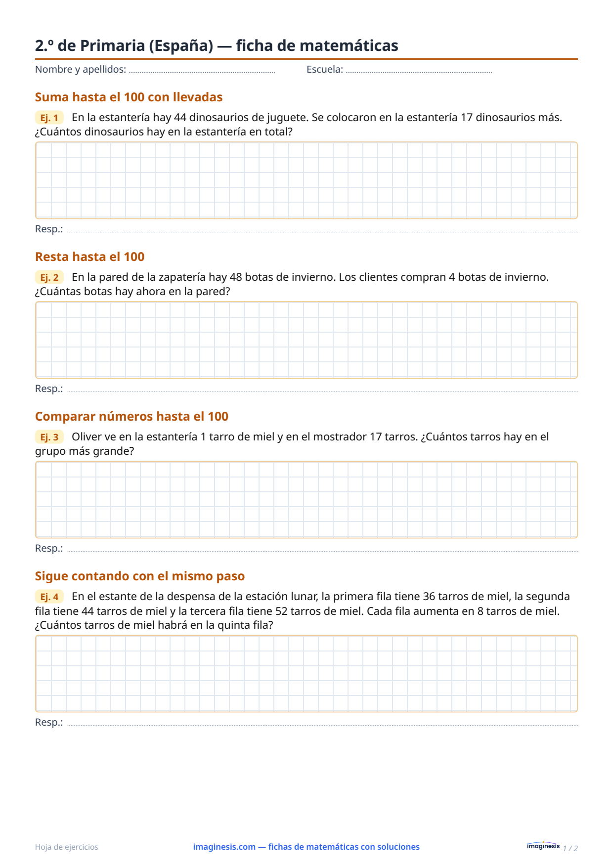 2.º de Primaria (España) — ficha de matemáticas — Ficha del alumno: ficha de matemáticas para imprimir (2.º de Primaria, España)