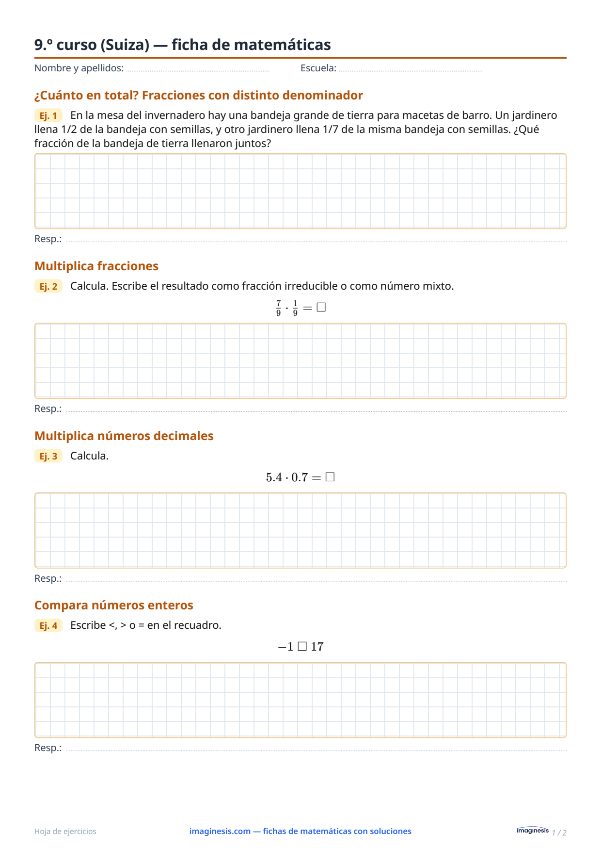 9.º curso (Suiza) — ficha de matemáticas — Ficha del alumno: ficha de matemáticas para imprimir (9.º curso, Suiza)