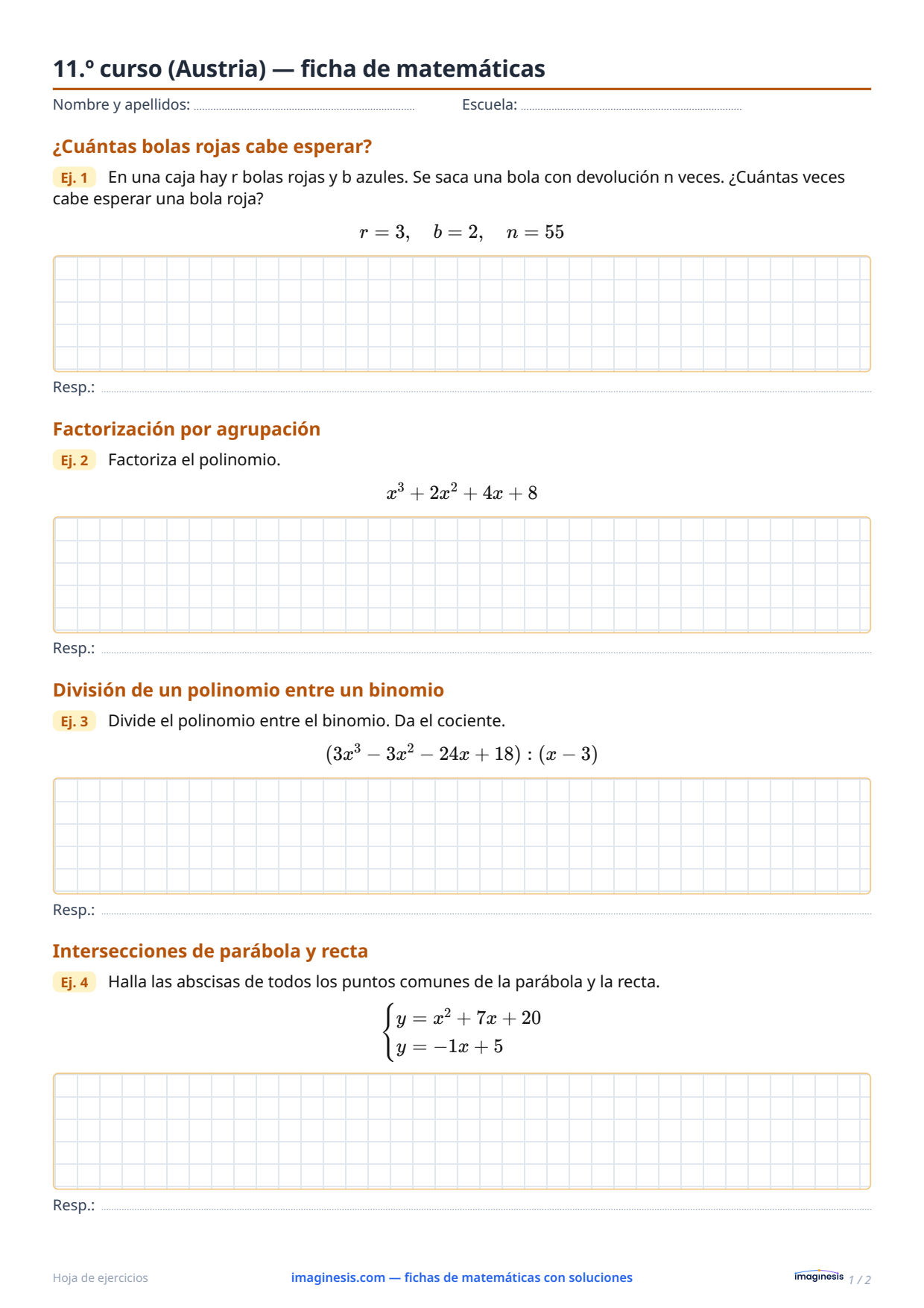 11.º curso (Austria) — ficha de matemáticas — Ficha del alumno: ficha de matemáticas para imprimir (11.º curso, Austria)