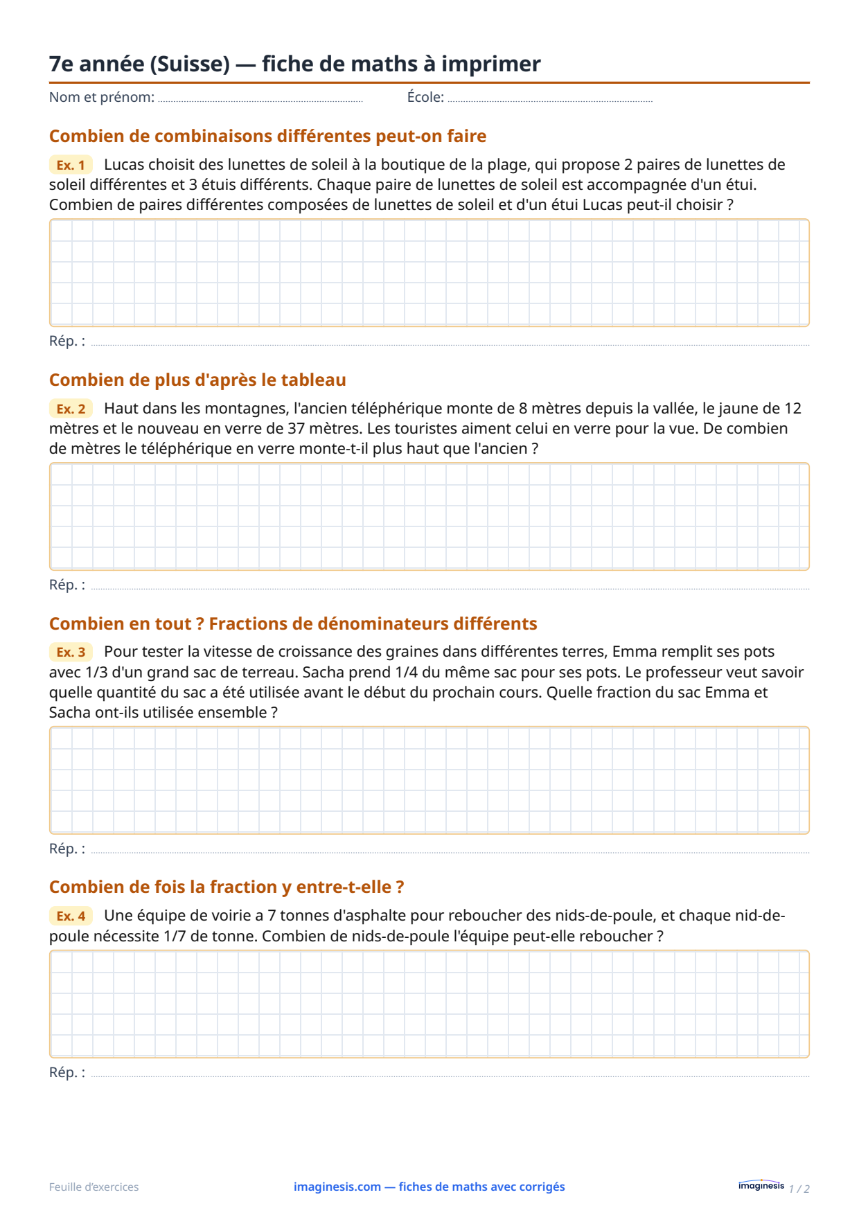 7e année (Suisse) — fiche de maths à imprimer — Fiche élève : fiche de maths à imprimer (7e année, Suisse)