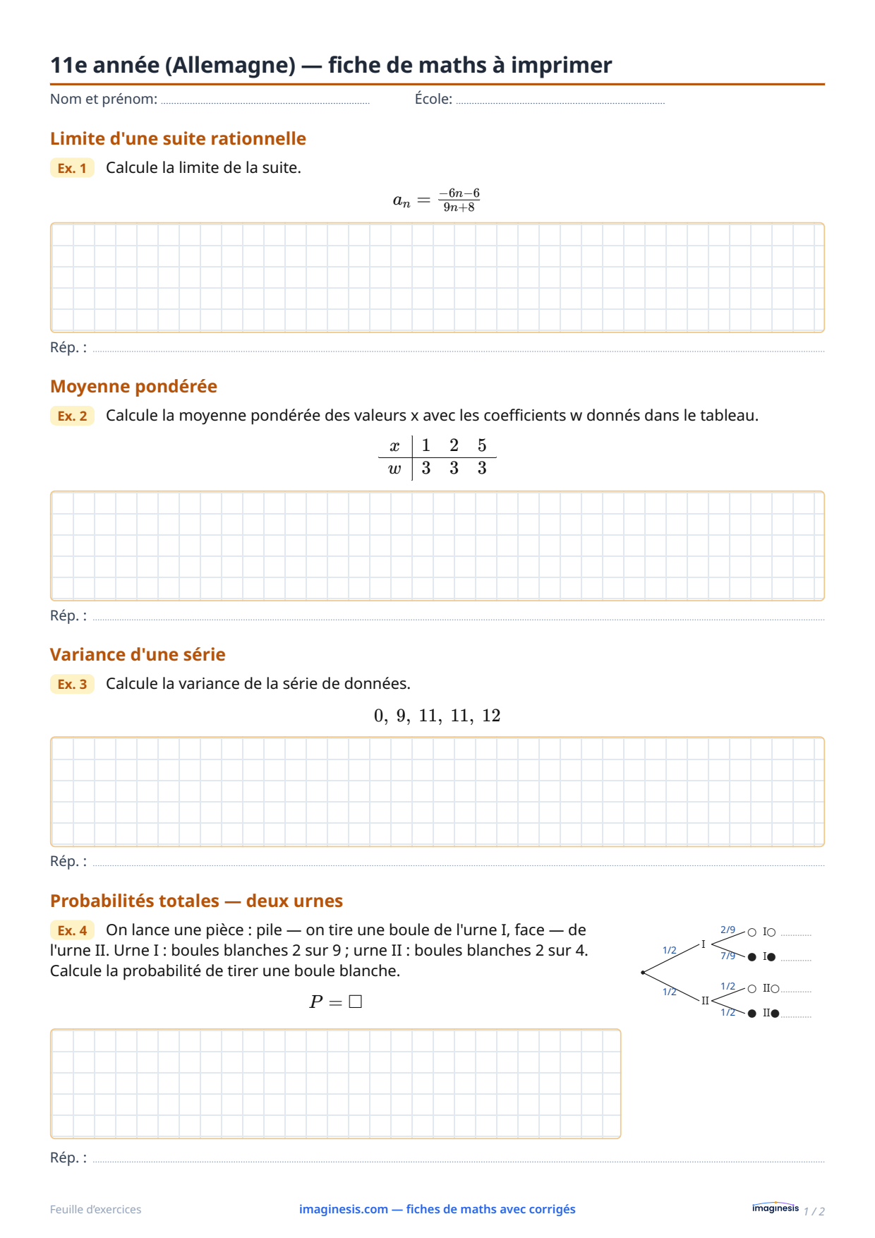 11e année (Allemagne) — fiche de maths à imprimer — Fiche élève : fiche de maths à imprimer (11e année, Allemagne)