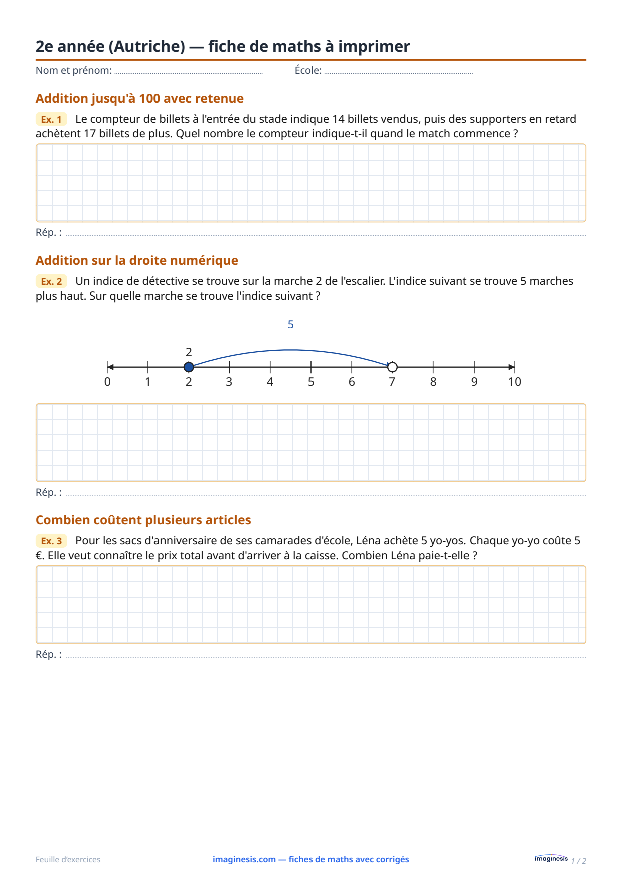 2e année (Autriche) — fiche de maths à imprimer — Fiche élève : fiche de maths à imprimer (2e année, Autriche)