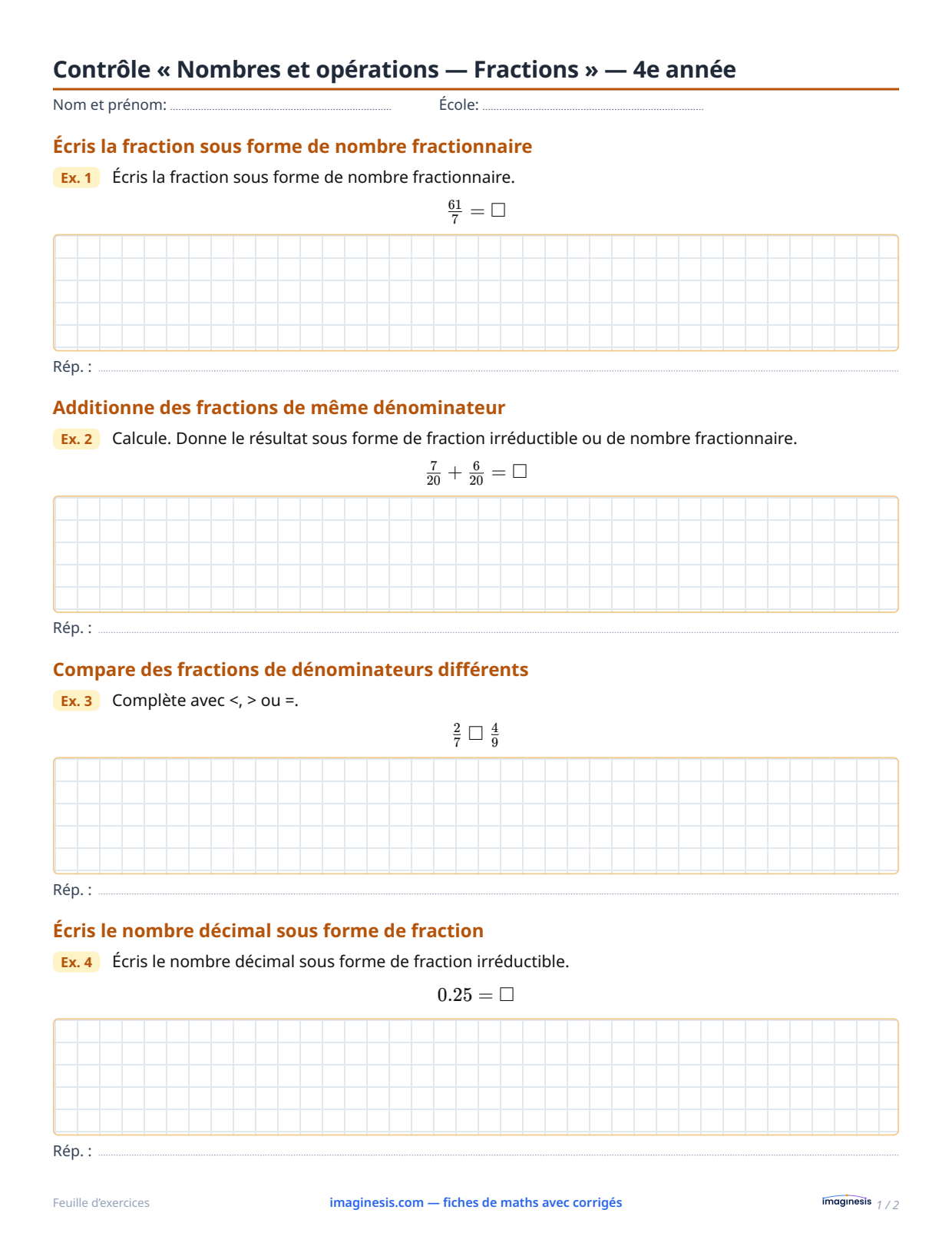 Contrôle « Nombres et opérations — Fractions » — 4e année — Fiche élève : fiche de maths à imprimer (4e année, États-Unis)