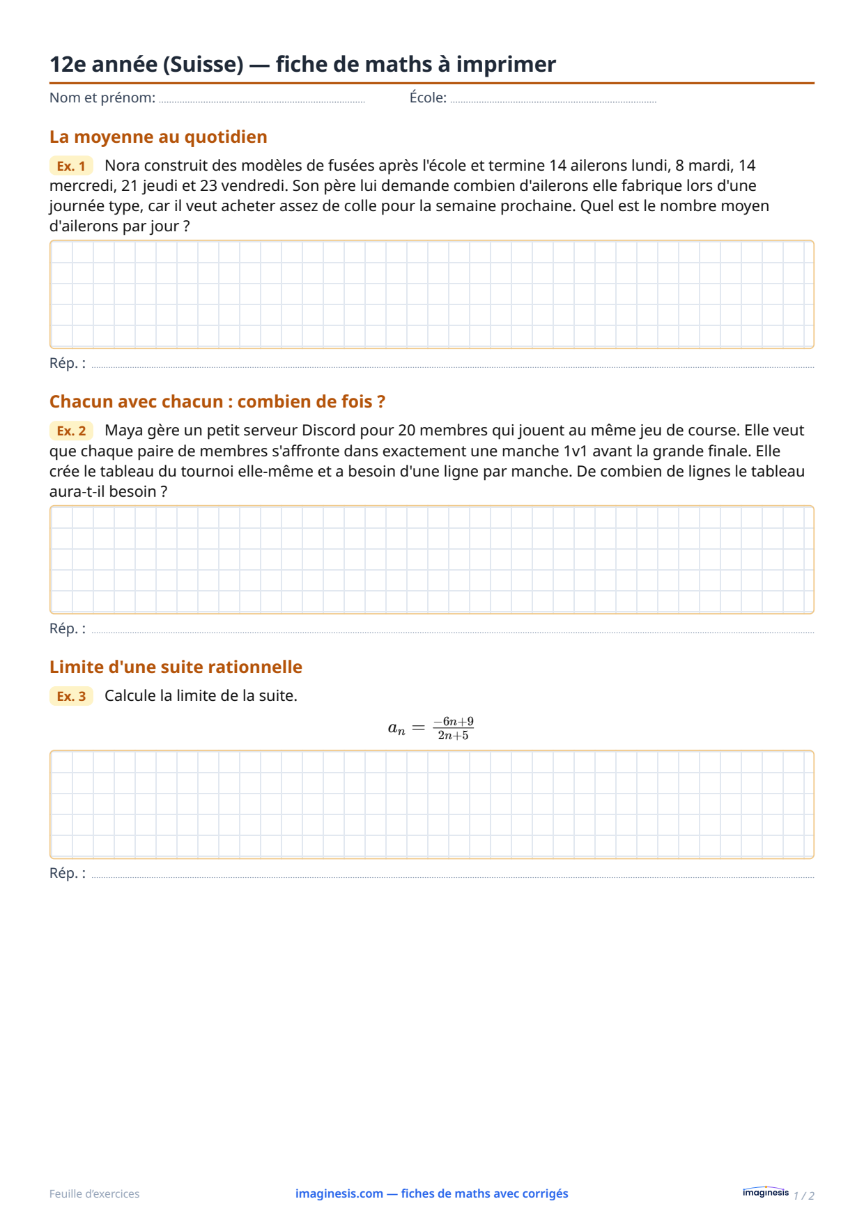 12e année (Suisse) — fiche de maths à imprimer — Fiche élève : fiche de maths à imprimer (12e année, Suisse)