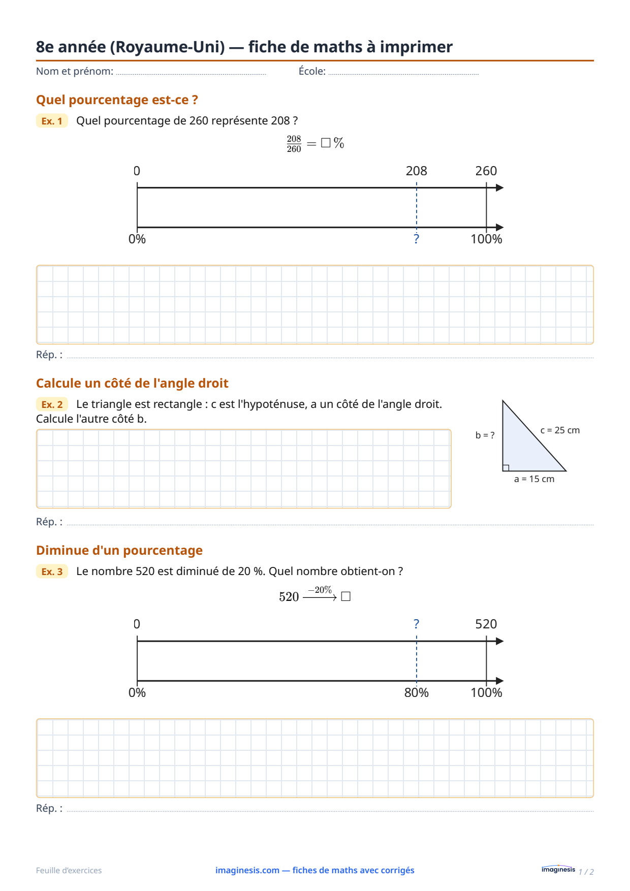 8e année (Royaume-Uni) — fiche de maths à imprimer — Fiche élève : fiche de maths à imprimer (8e année, Royaume-Uni)