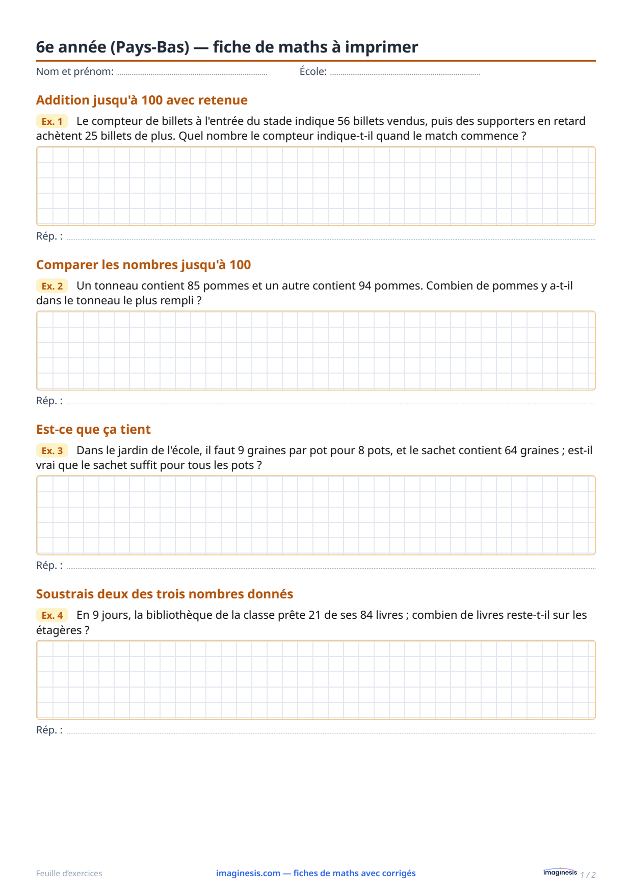 6e année (Pays-Bas) — fiche de maths à imprimer — Fiche élève : fiche de maths à imprimer (6e année, Pays-Bas)