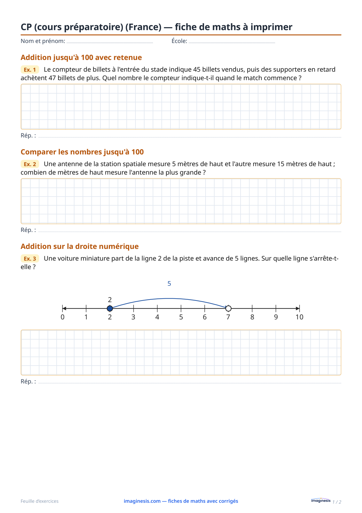 CP (cours préparatoire) (France) — fiche de maths à imprimer — Fiche élève : fiche de maths à imprimer (CP (cours préparatoire), France)