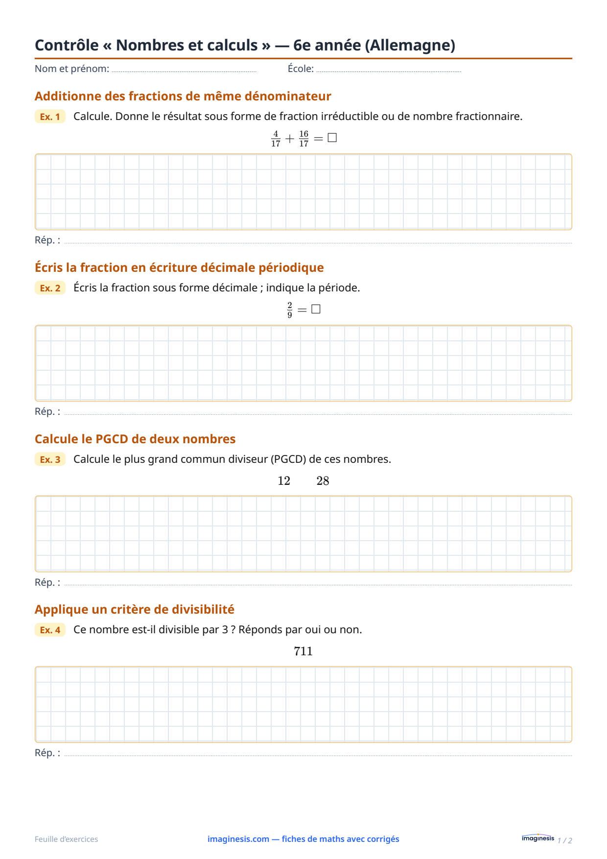 Contrôle « Nombres et calculs » — 6e année (Allemagne) — Fiche élève : fiche de maths à imprimer (6e année, Allemagne)