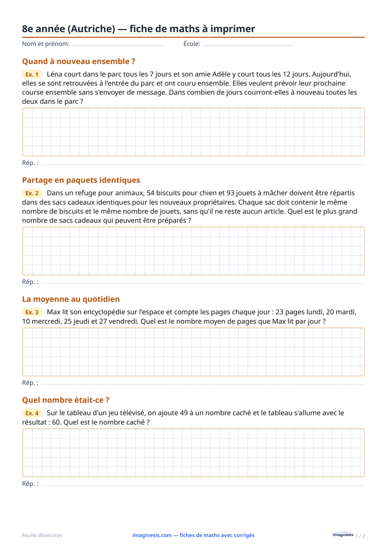8e année (Autriche) — fiche de maths à imprimer — Fiche élève : fiche de maths à imprimer (8e année, Autriche)