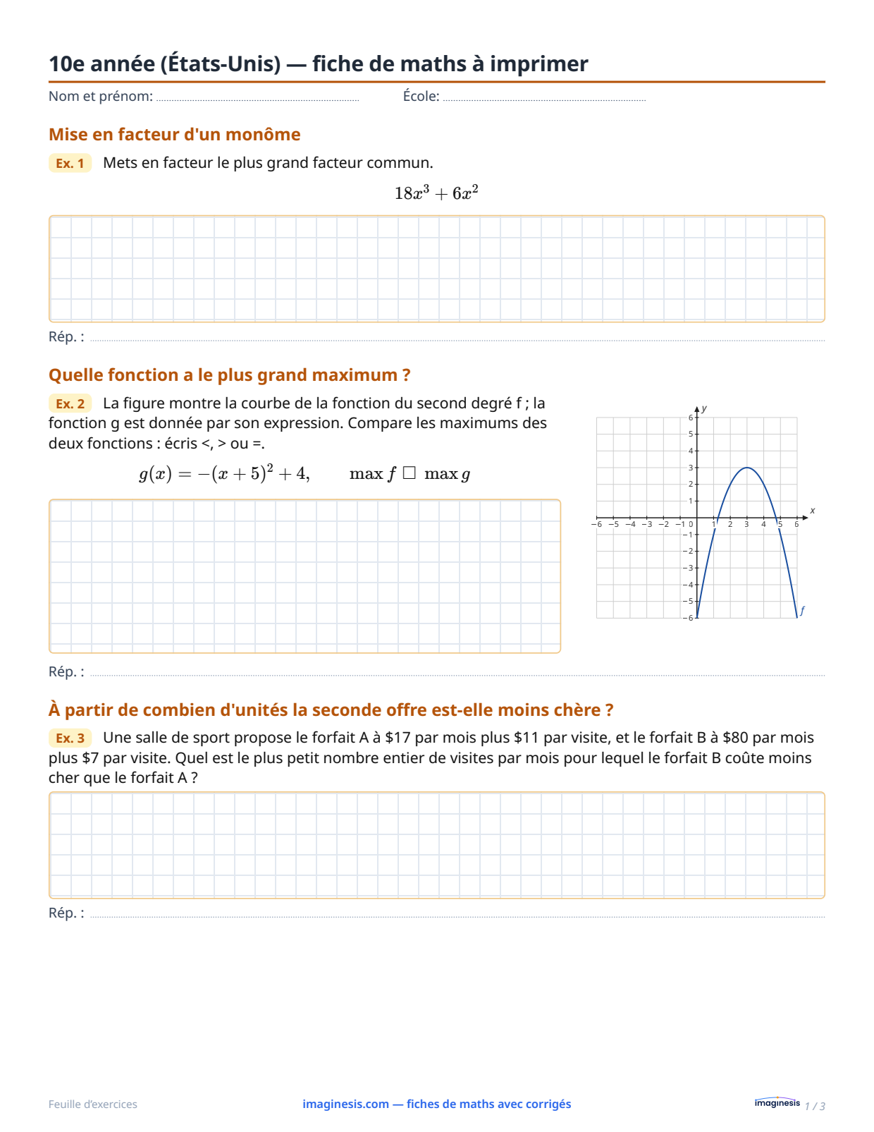 10e année (États-Unis) — fiche de maths à imprimer — Fiche élève : fiche de maths à imprimer (10e année, États-Unis)