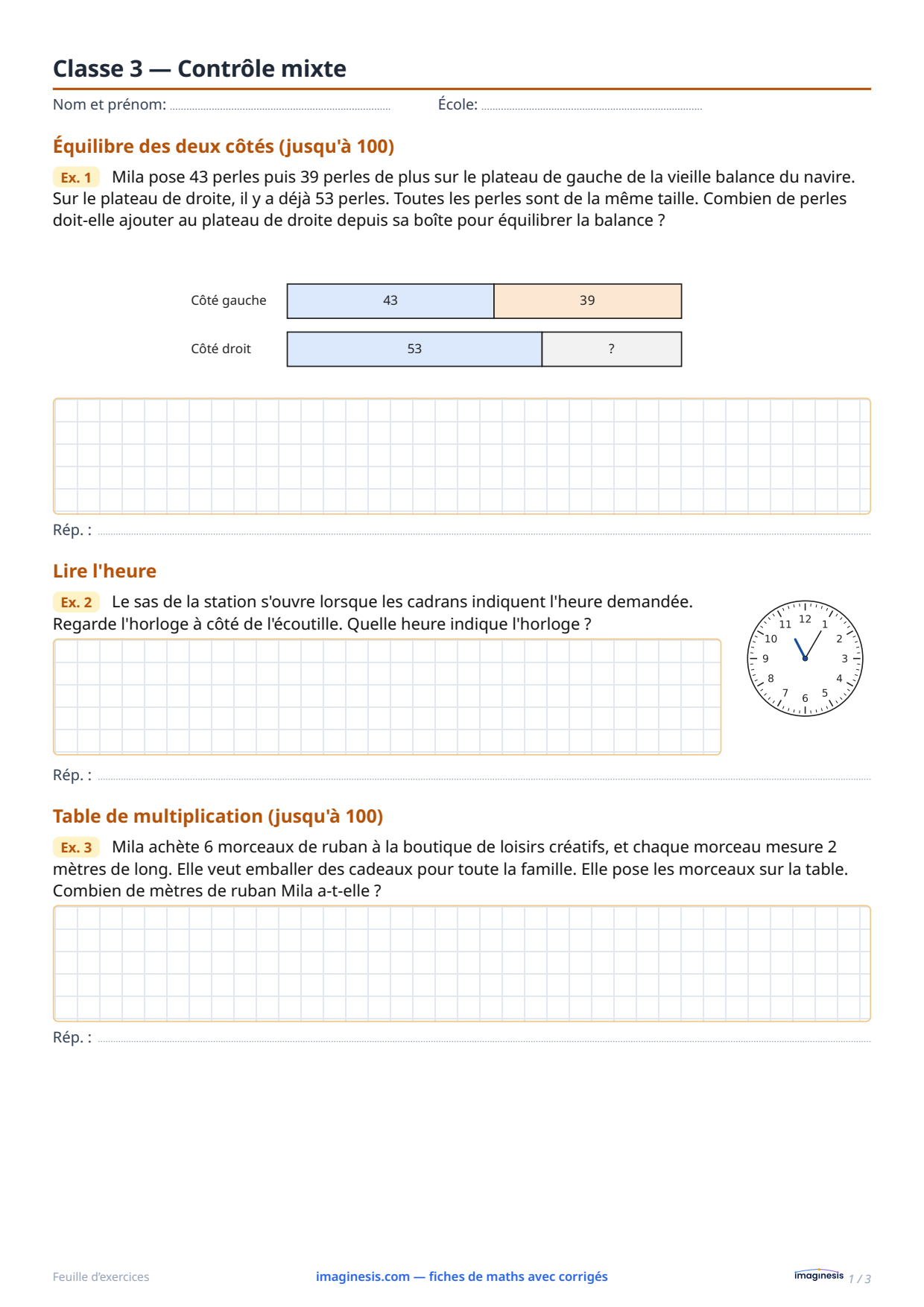 Classe 3 — Contrôle mixte — Fiche élève : fiche de maths à imprimer (3e année, Allemagne)