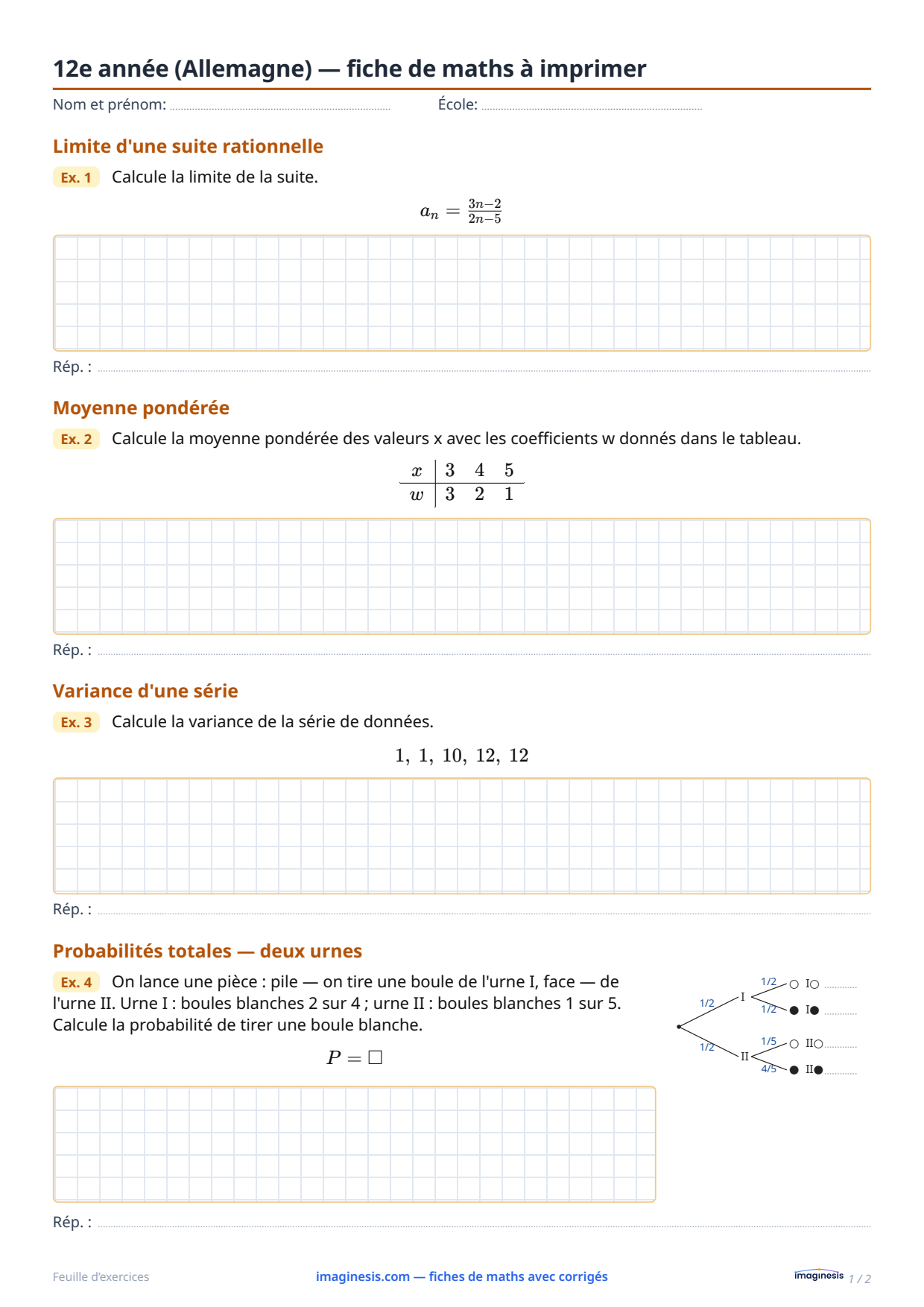 12e année (Allemagne) — fiche de maths à imprimer — Fiche élève : fiche de maths à imprimer (12e année, Allemagne)