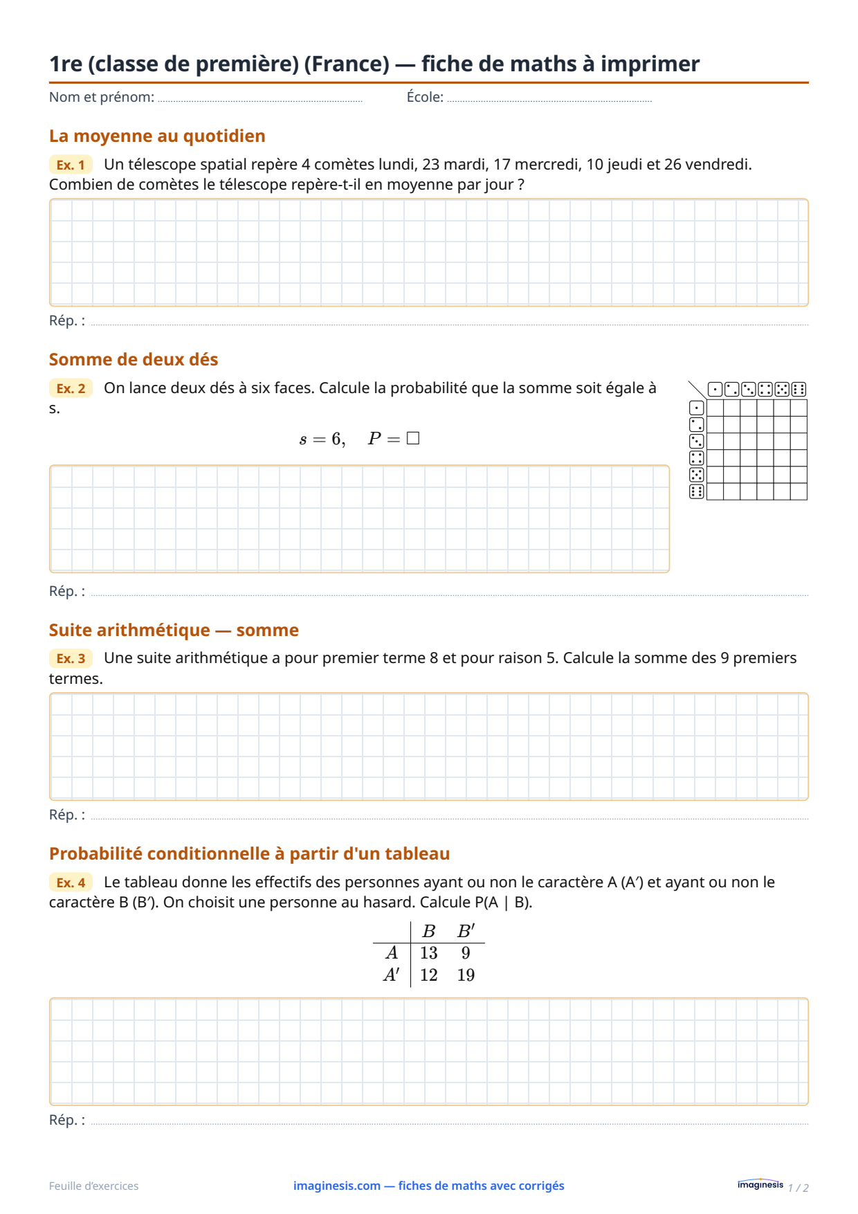 1re (classe de première) (France) — fiche de maths à imprimer — Fiche élève : fiche de maths à imprimer (1re (classe de première), France)