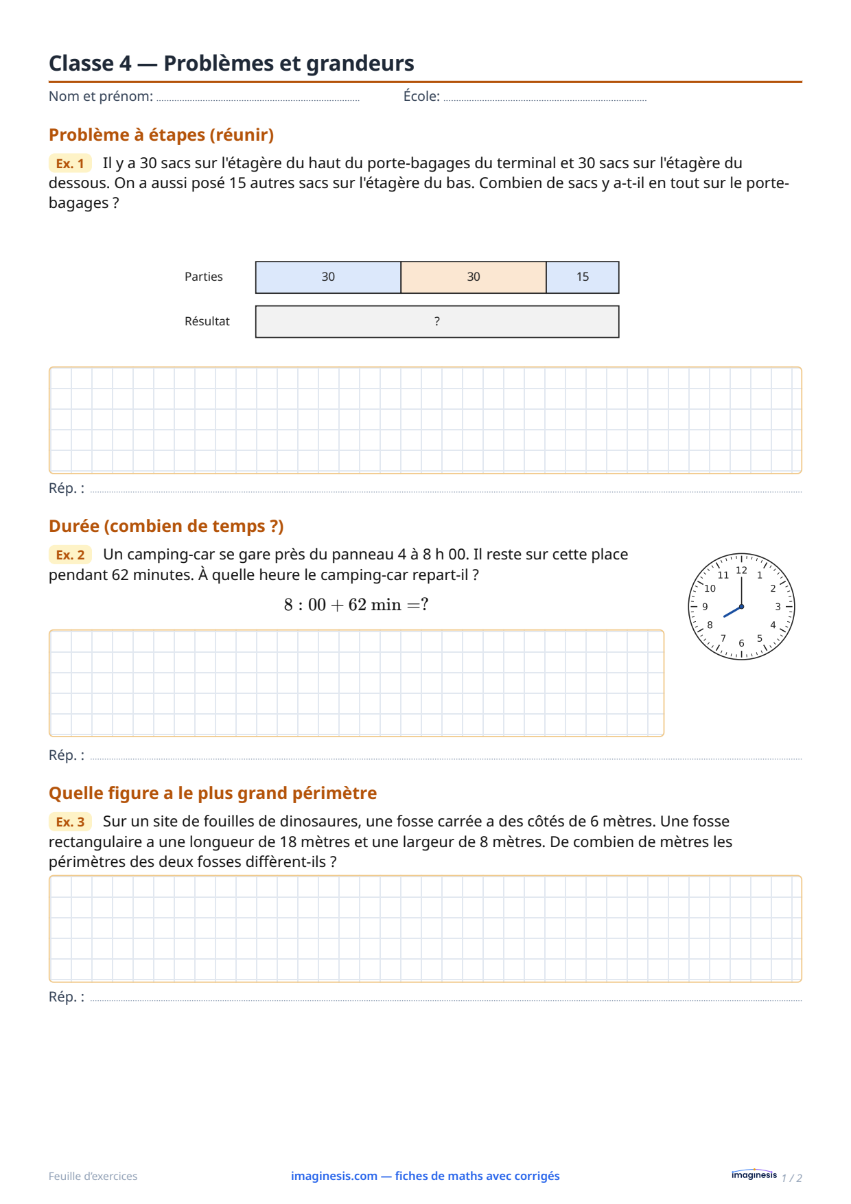 Classe 4 — Problèmes et grandeurs — Fiche élève : fiche de maths à imprimer (4e année, Allemagne)