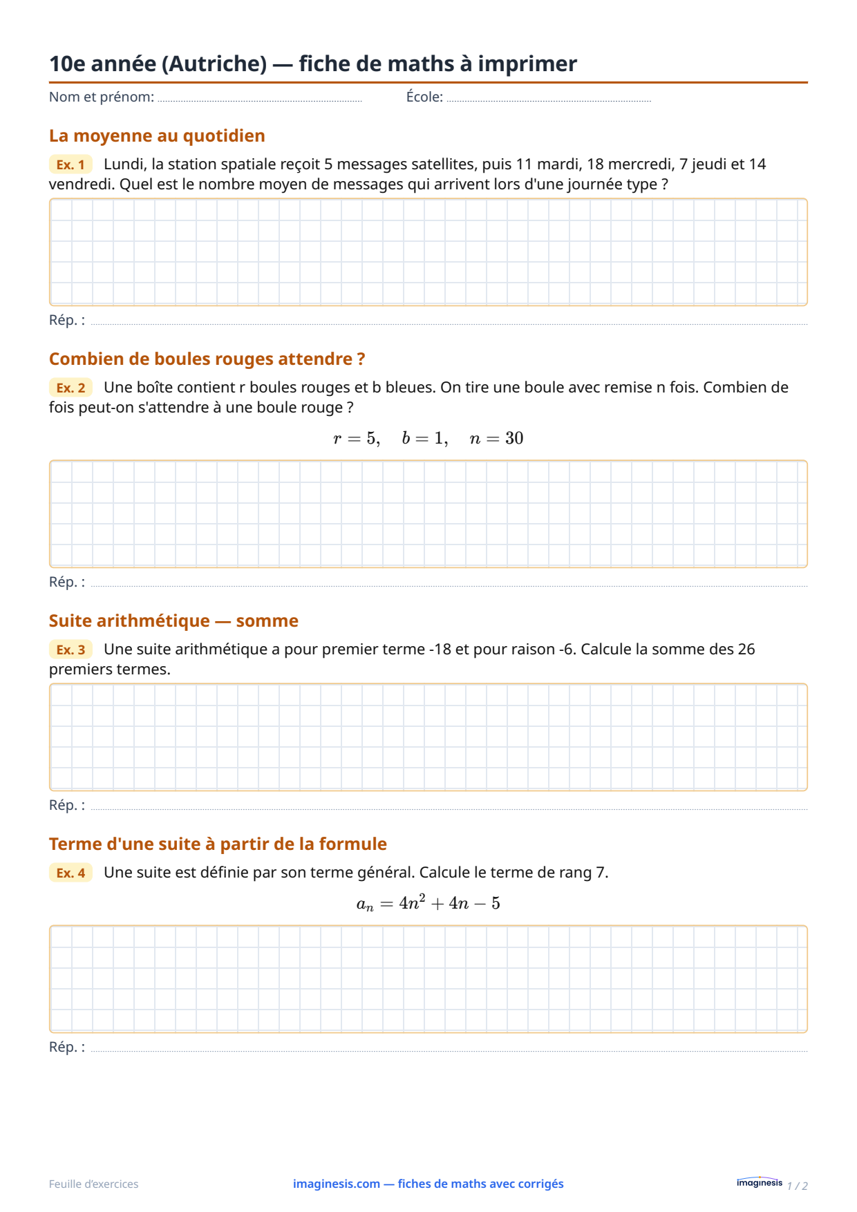 10e année (Autriche) — fiche de maths à imprimer — Fiche élève : fiche de maths à imprimer (10e année, Autriche)