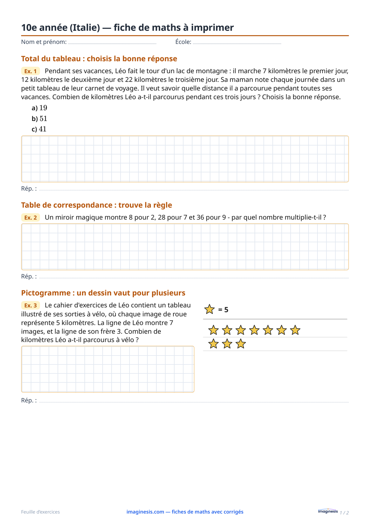 10e année (Italie) — fiche de maths à imprimer — Fiche élève : fiche de maths à imprimer (10e année, Italie)