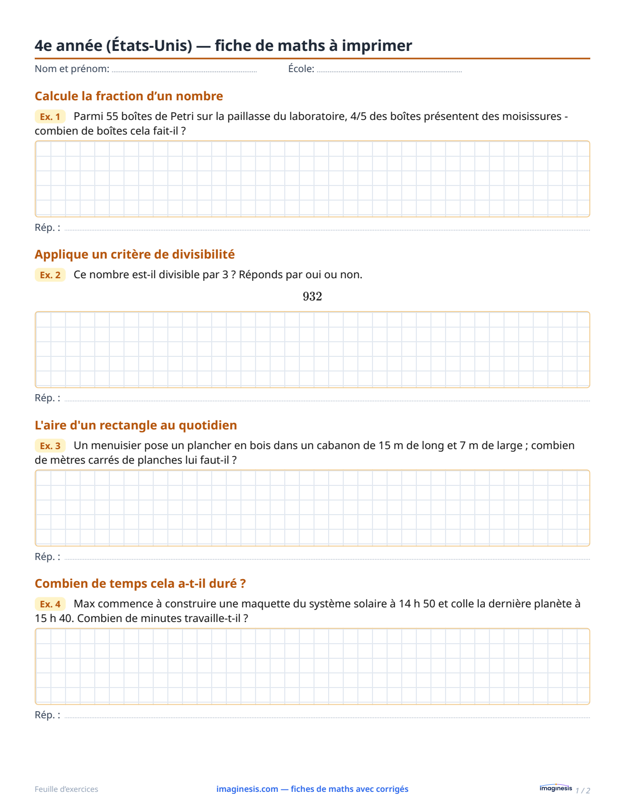 4e année (États-Unis) — fiche de maths à imprimer — Fiche élève : fiche de maths à imprimer (4e année, États-Unis)