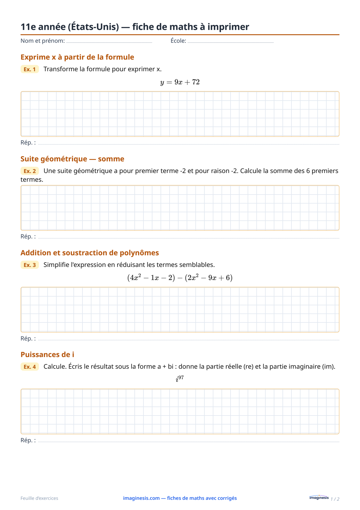 11e année (États-Unis) — fiche de maths à imprimer — Fiche élève : fiche de maths à imprimer (11e année, États-Unis)