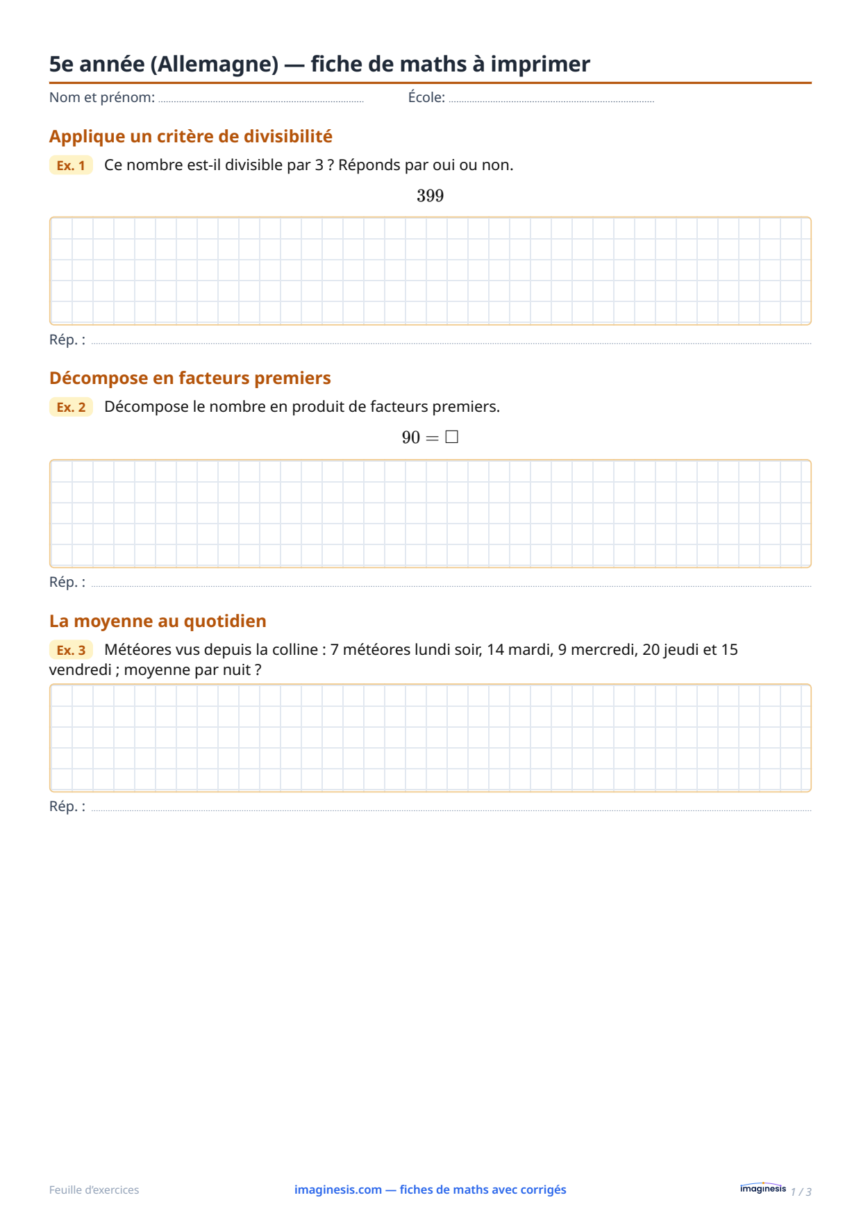 5e année (Allemagne) — fiche de maths à imprimer — Fiche élève : fiche de maths à imprimer (5e année, Allemagne)