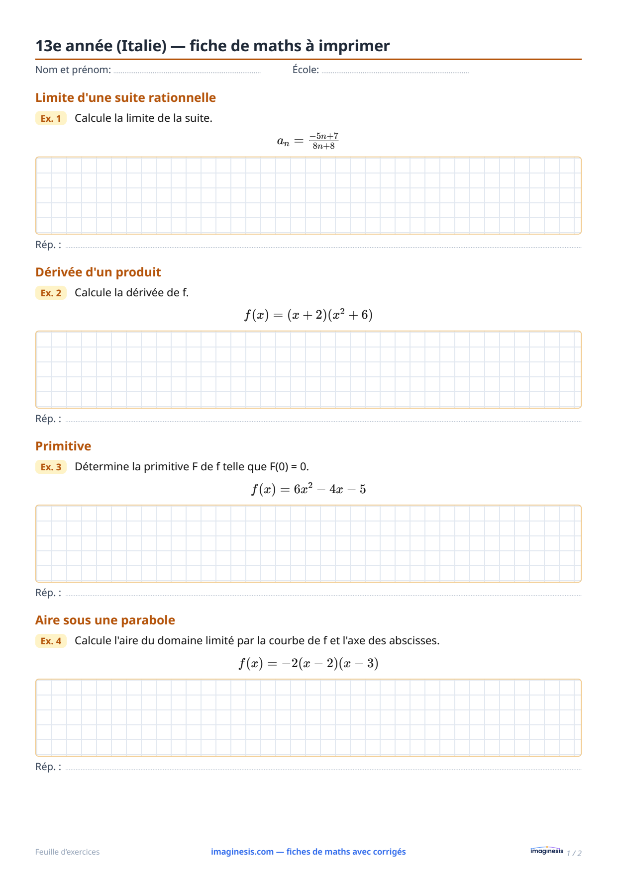 13e année (Italie) — fiche de maths à imprimer — Fiche élève : fiche de maths à imprimer (13e année, Italie)