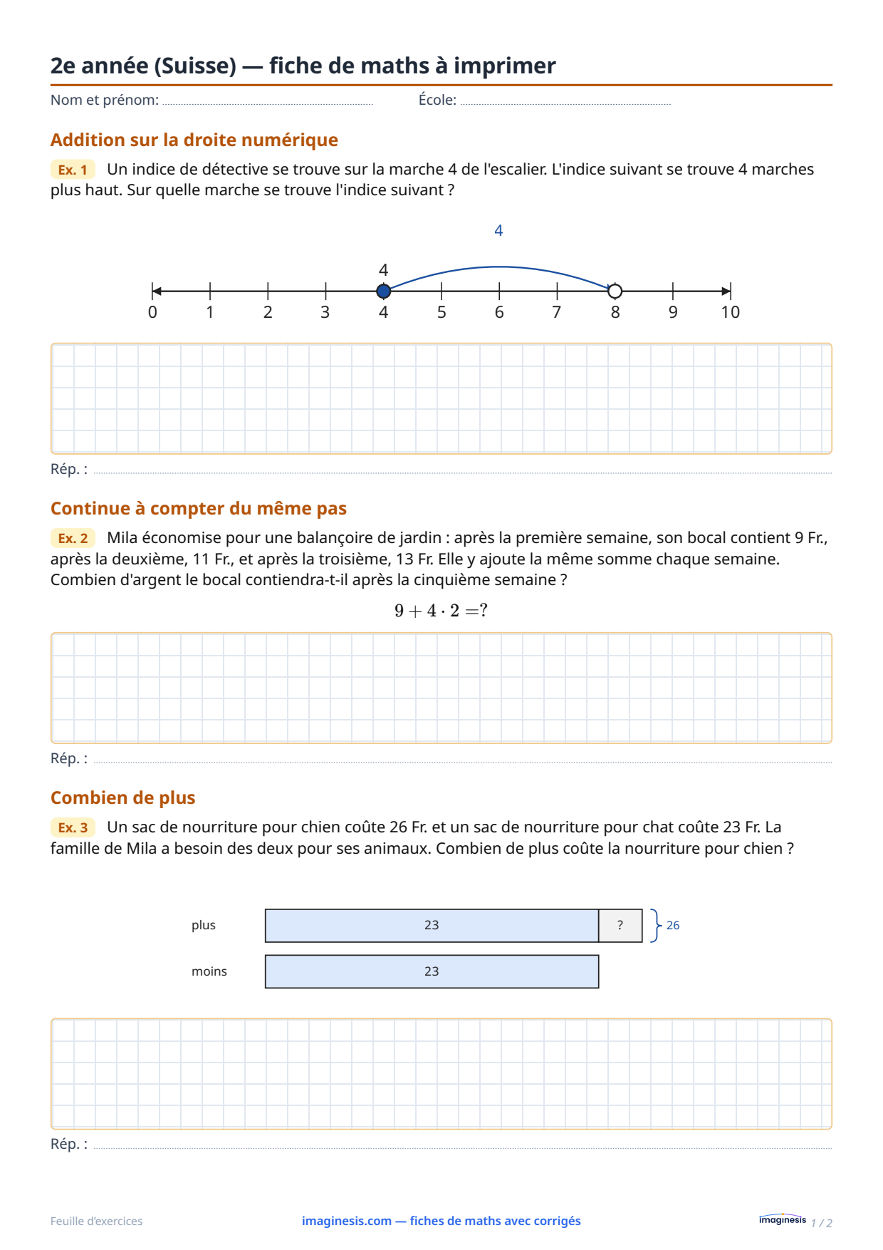 2e année (Suisse) — fiche de maths à imprimer — Fiche élève : fiche de maths à imprimer (2e année, Suisse)