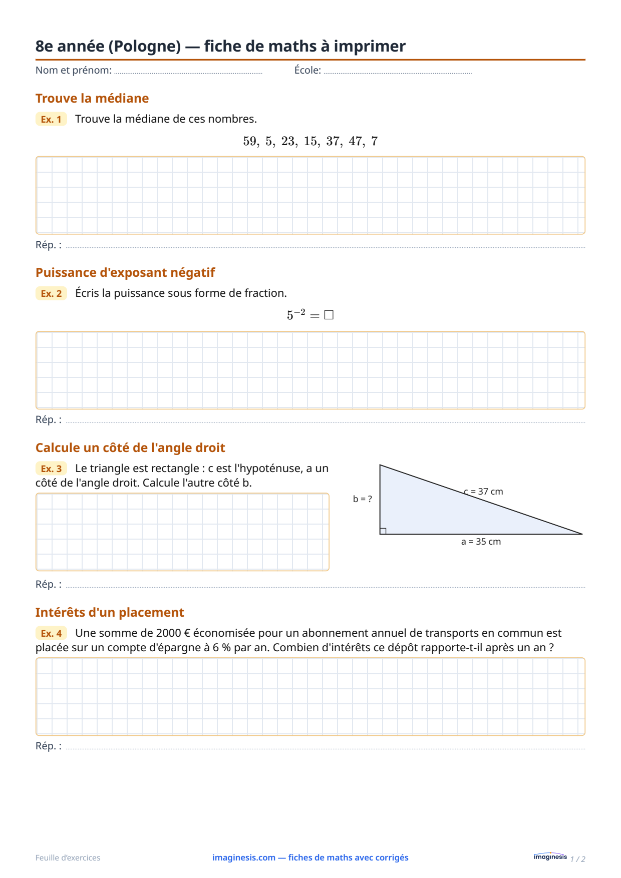 8e année (Pologne) — fiche de maths à imprimer — Fiche élève : fiche de maths à imprimer (8e année, Pologne)