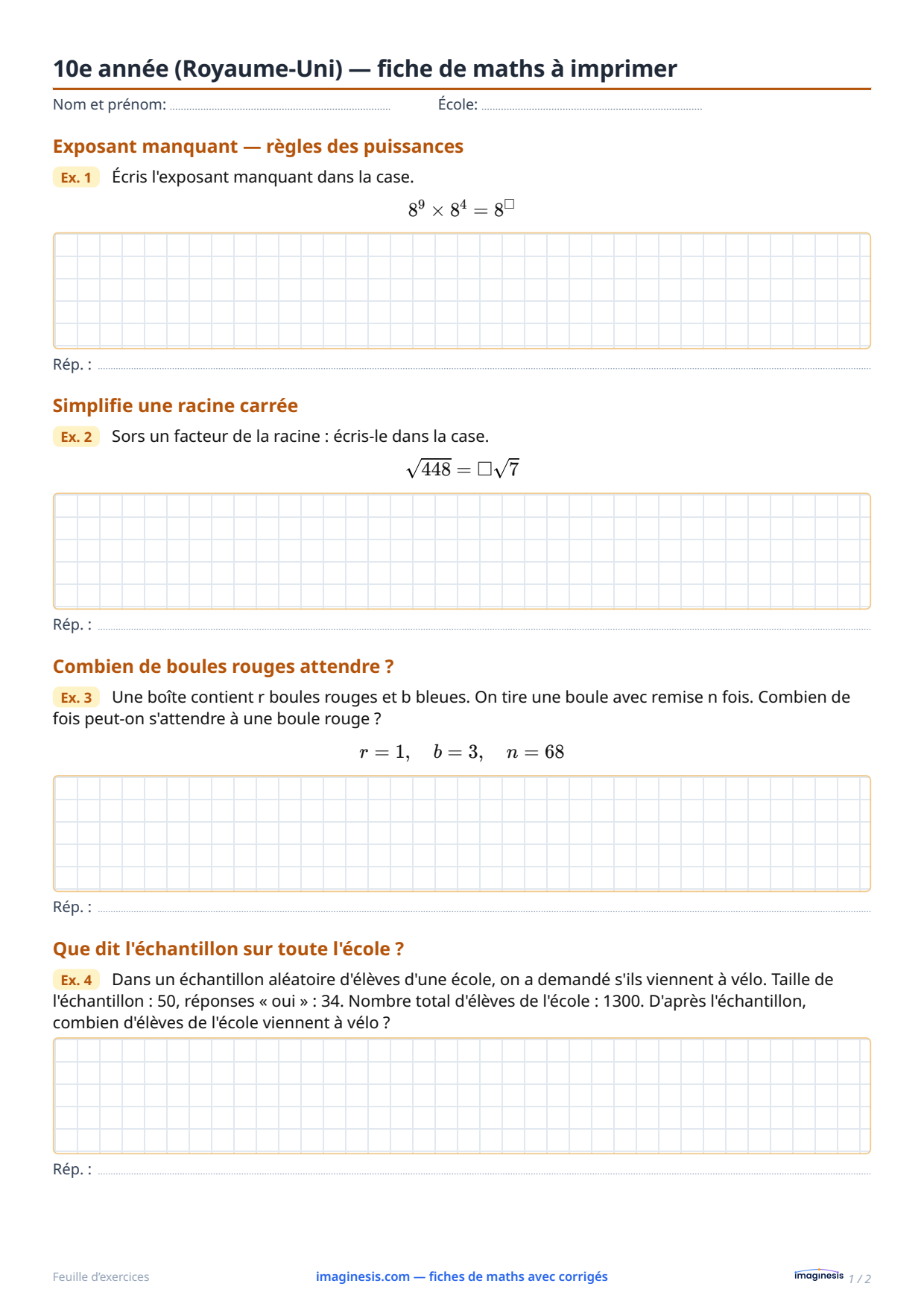 10e année (Royaume-Uni) — fiche de maths à imprimer — Fiche élève : fiche de maths à imprimer (10e année, Royaume-Uni)