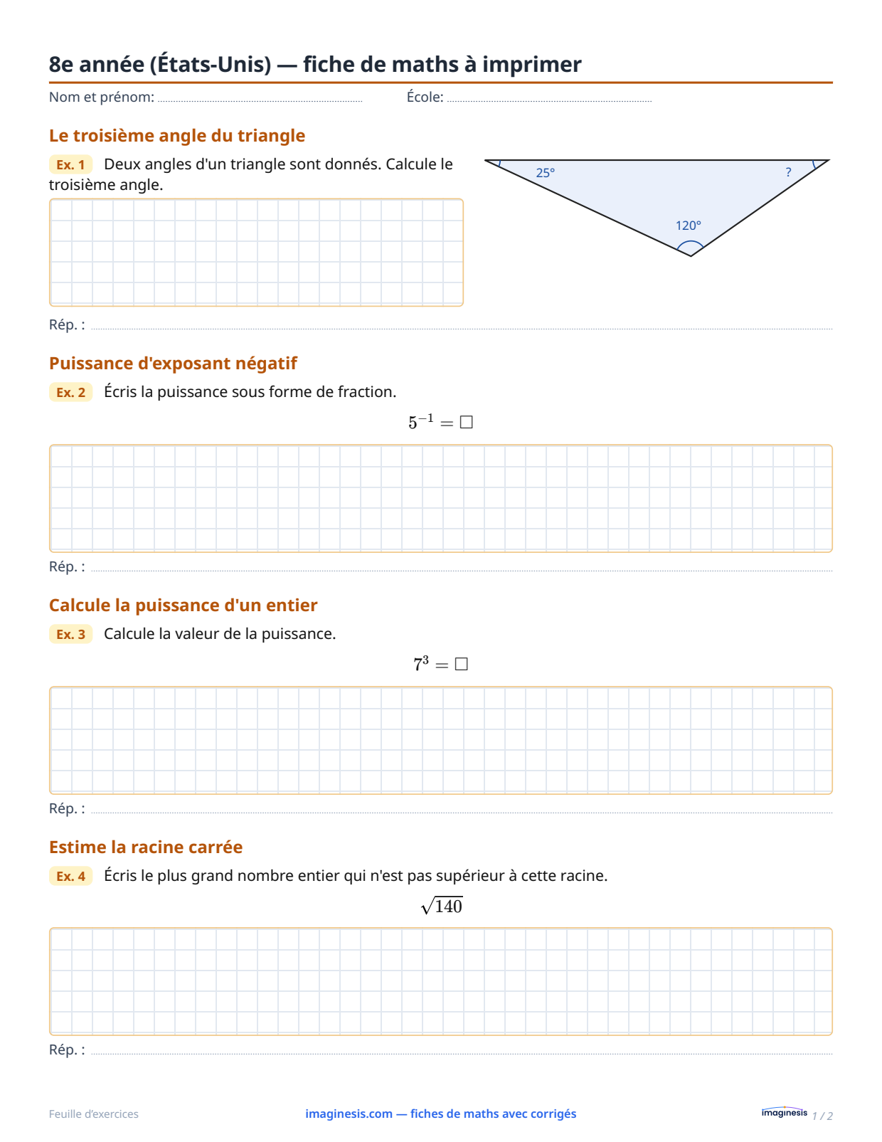 8e année (États-Unis) — fiche de maths à imprimer — Fiche élève : fiche de maths à imprimer (8e année, États-Unis)