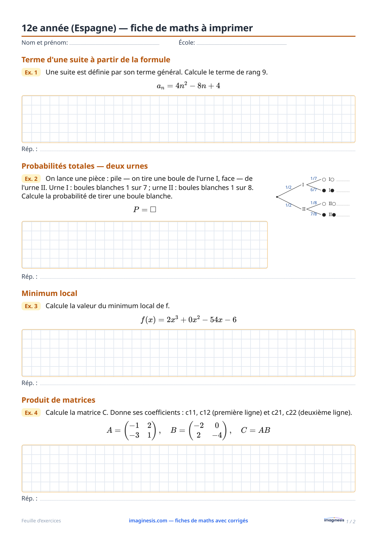12e année (Espagne) — fiche de maths à imprimer — Fiche élève : fiche de maths à imprimer (12e année, Espagne)