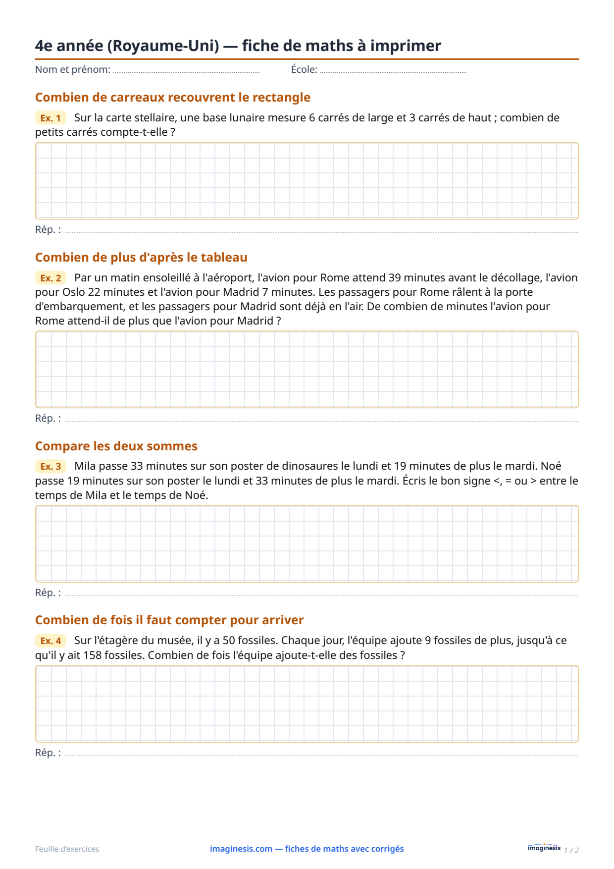 4e année (Royaume-Uni) — fiche de maths à imprimer — Fiche élève : fiche de maths à imprimer (4e année, Royaume-Uni)