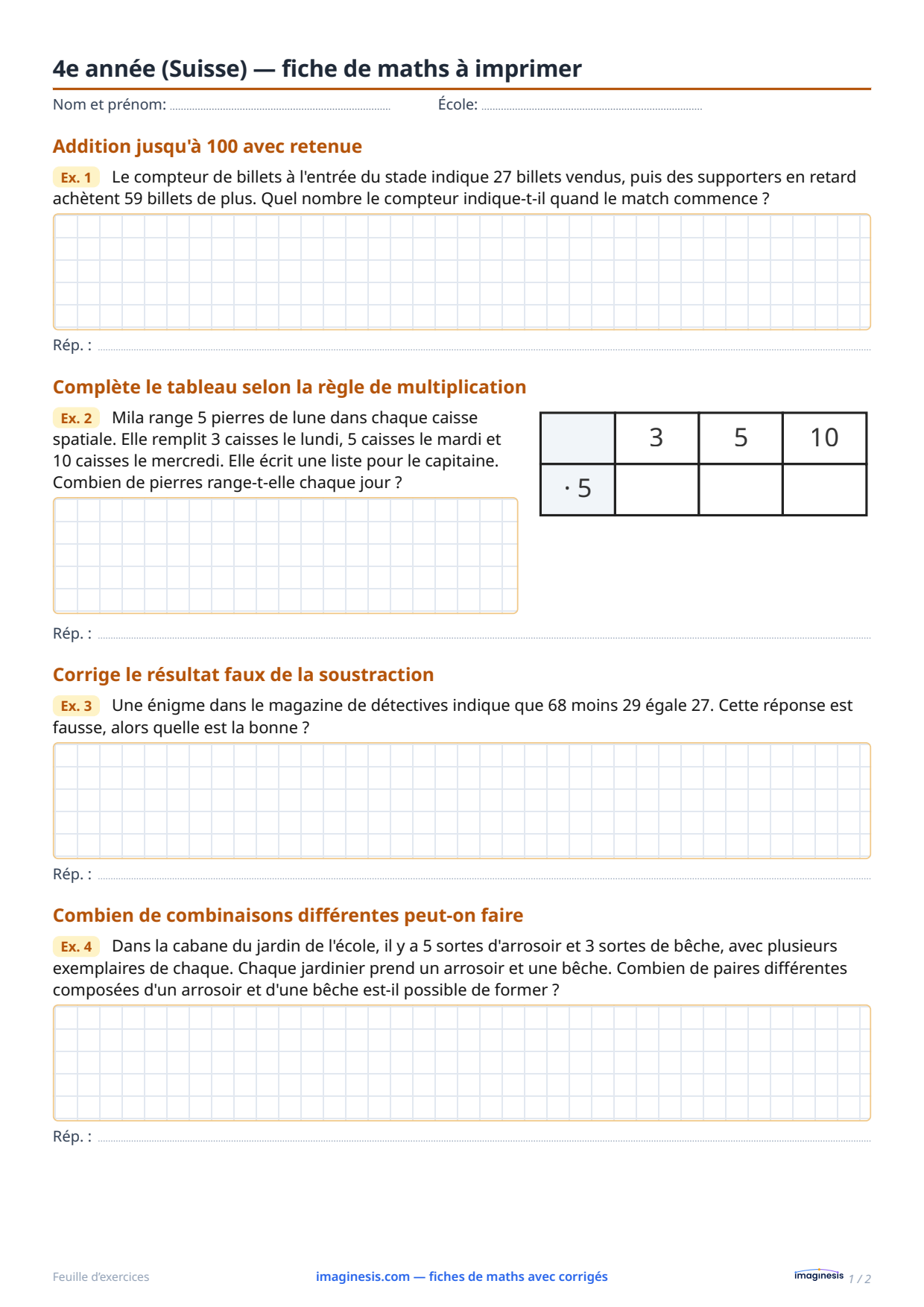 4e année (Suisse) — fiche de maths à imprimer — Fiche élève : fiche de maths à imprimer (4e année, Suisse)