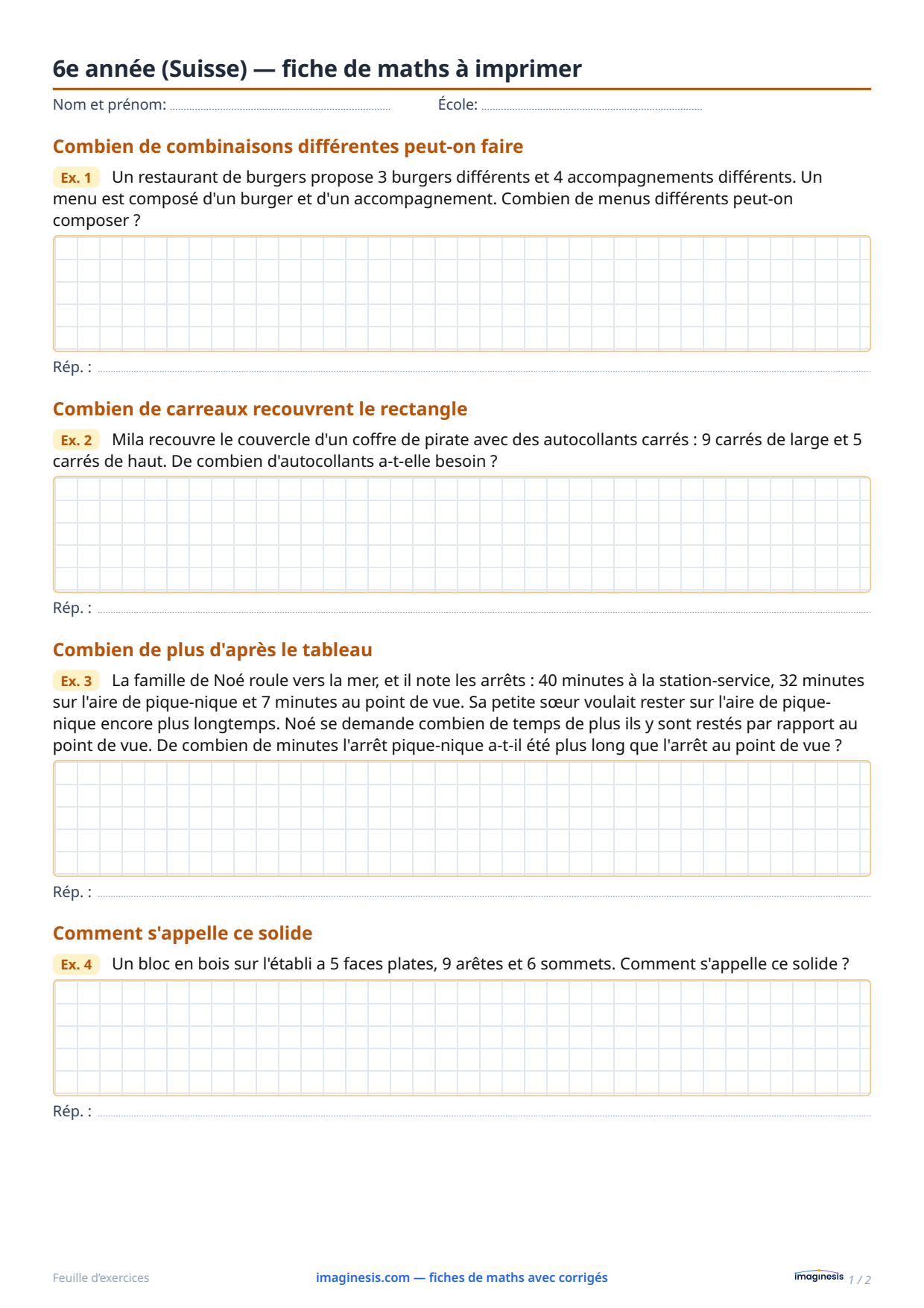 6e année (Suisse) — fiche de maths à imprimer — Fiche élève : fiche de maths à imprimer (6e année, Suisse)