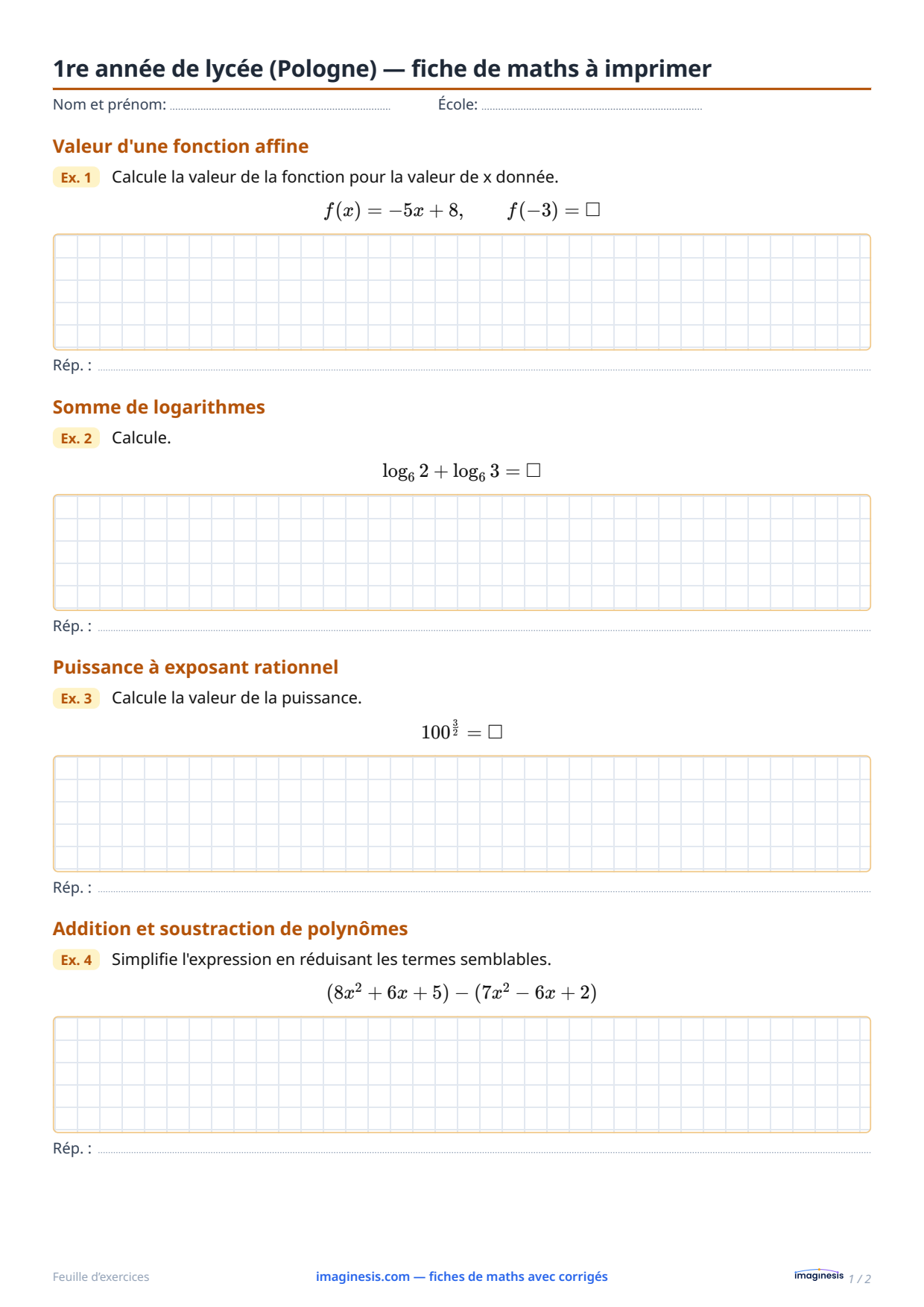 1re année de lycée (Pologne) — fiche de maths à imprimer — Fiche élève : fiche de maths à imprimer (1re année de lycée, Pologne)