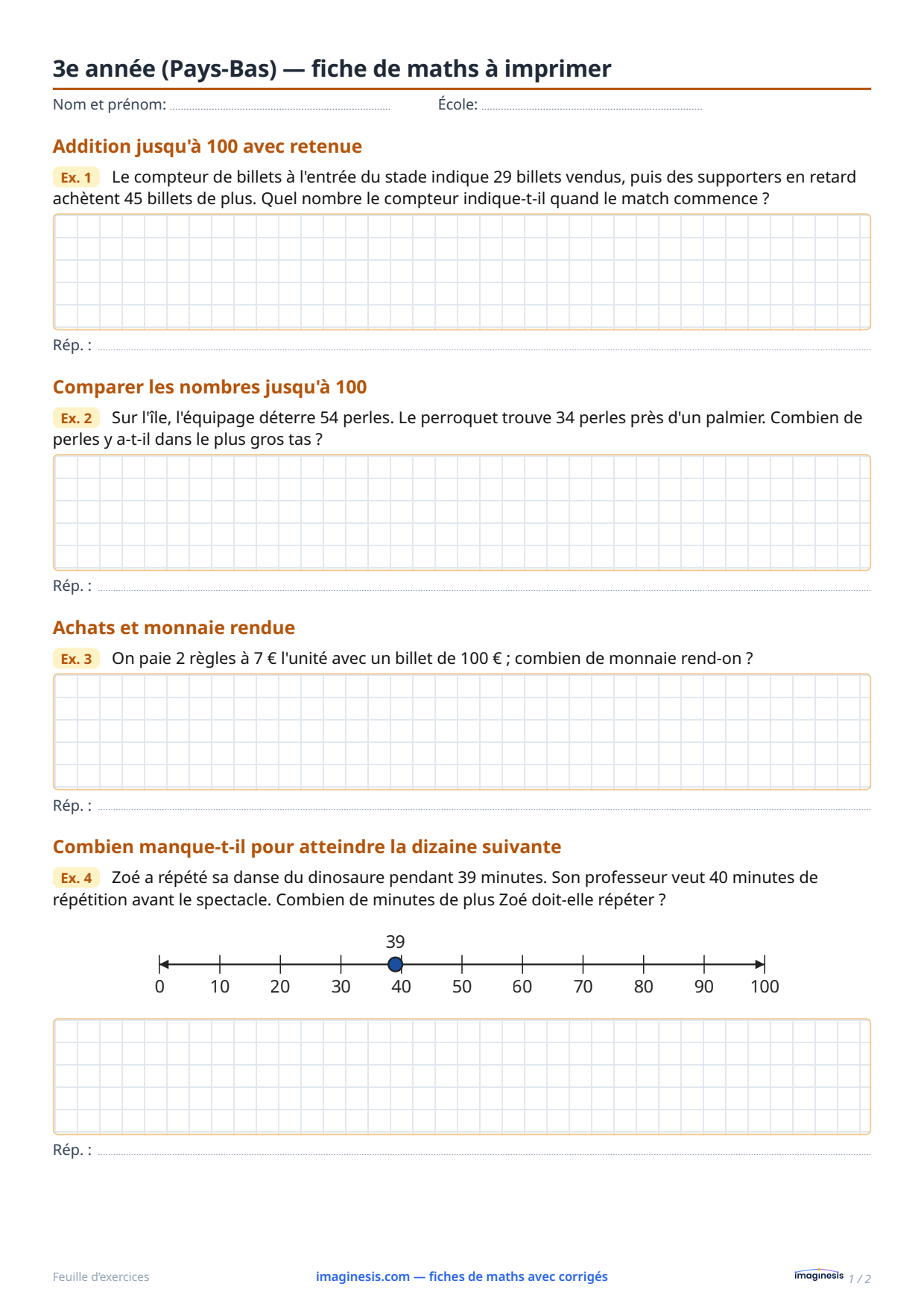 3e année (Pays-Bas) — fiche de maths à imprimer — Fiche élève : fiche de maths à imprimer (3e année, Pays-Bas)