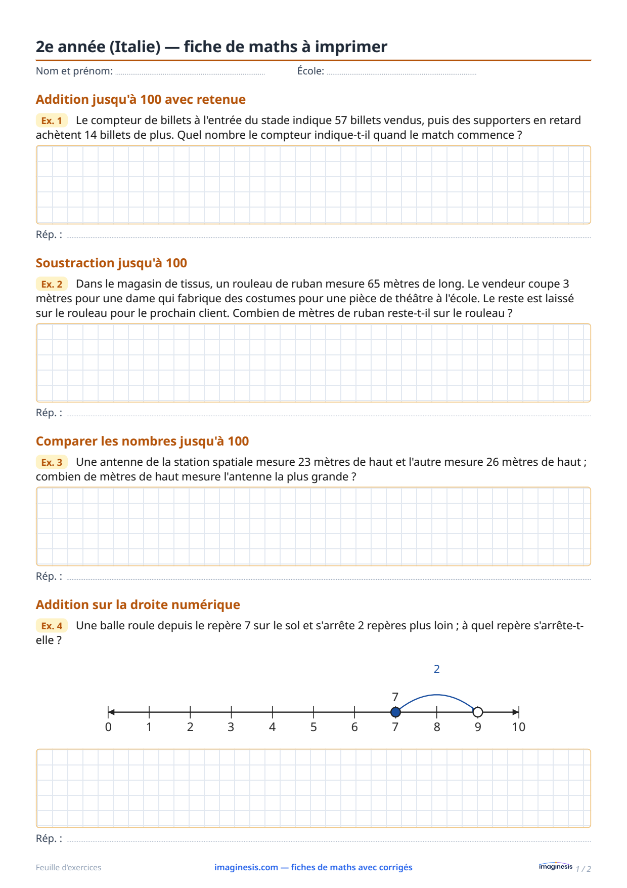 2e année (Italie) — fiche de maths à imprimer — Fiche élève : fiche de maths à imprimer (2e année, Italie)