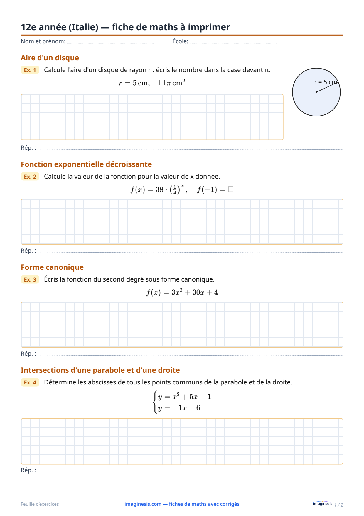 12e année (Italie) — fiche de maths à imprimer — Fiche élève : fiche de maths à imprimer (12e année, Italie)
