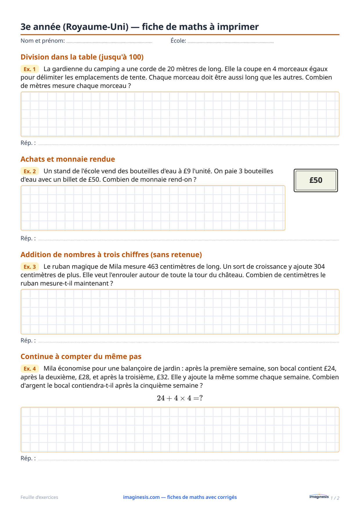 3e année (Royaume-Uni) — fiche de maths à imprimer — Fiche élève : fiche de maths à imprimer (3e année, Royaume-Uni)