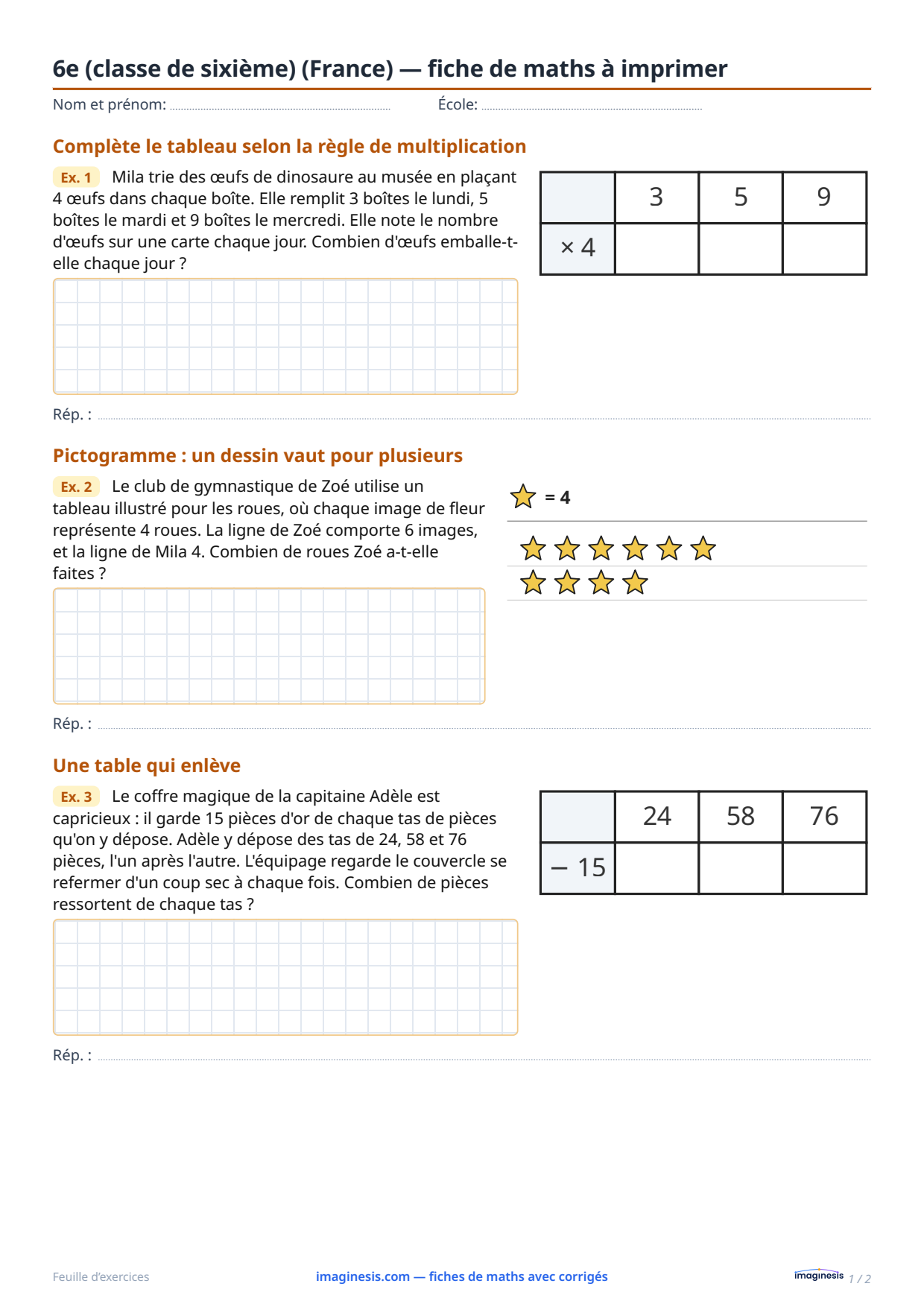 6e (classe de sixième) (France) — fiche de maths à imprimer — Fiche élève : fiche de maths à imprimer (6e (classe de sixième), France)