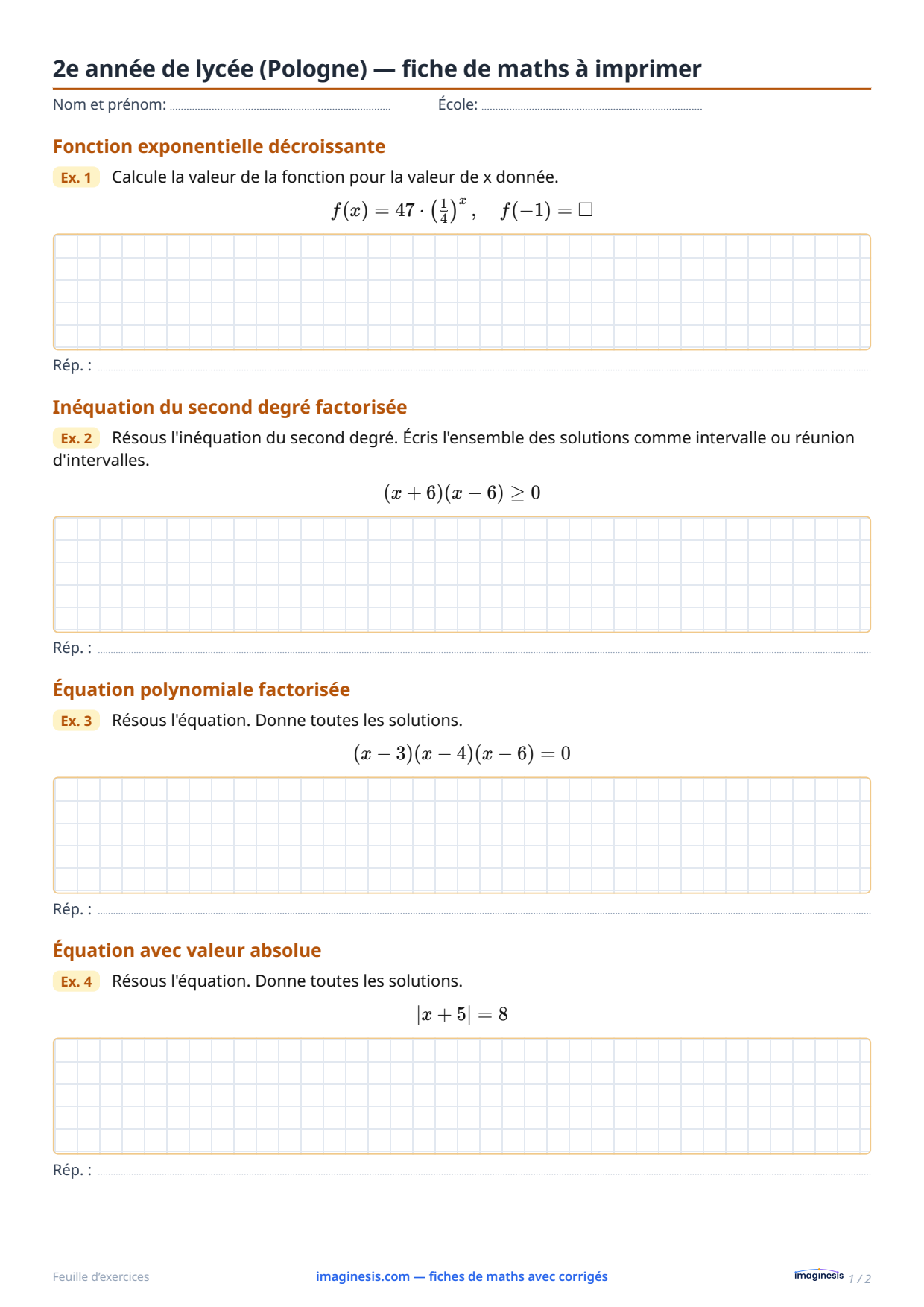 2e année de lycée (Pologne) — fiche de maths à imprimer — Fiche élève : fiche de maths à imprimer (2e année de lycée, Pologne)