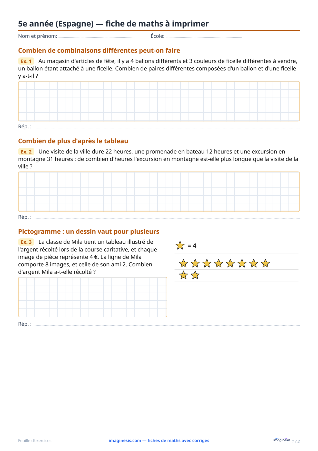 5e année (Espagne) — fiche de maths à imprimer — Fiche élève : fiche de maths à imprimer (5e année, Espagne)