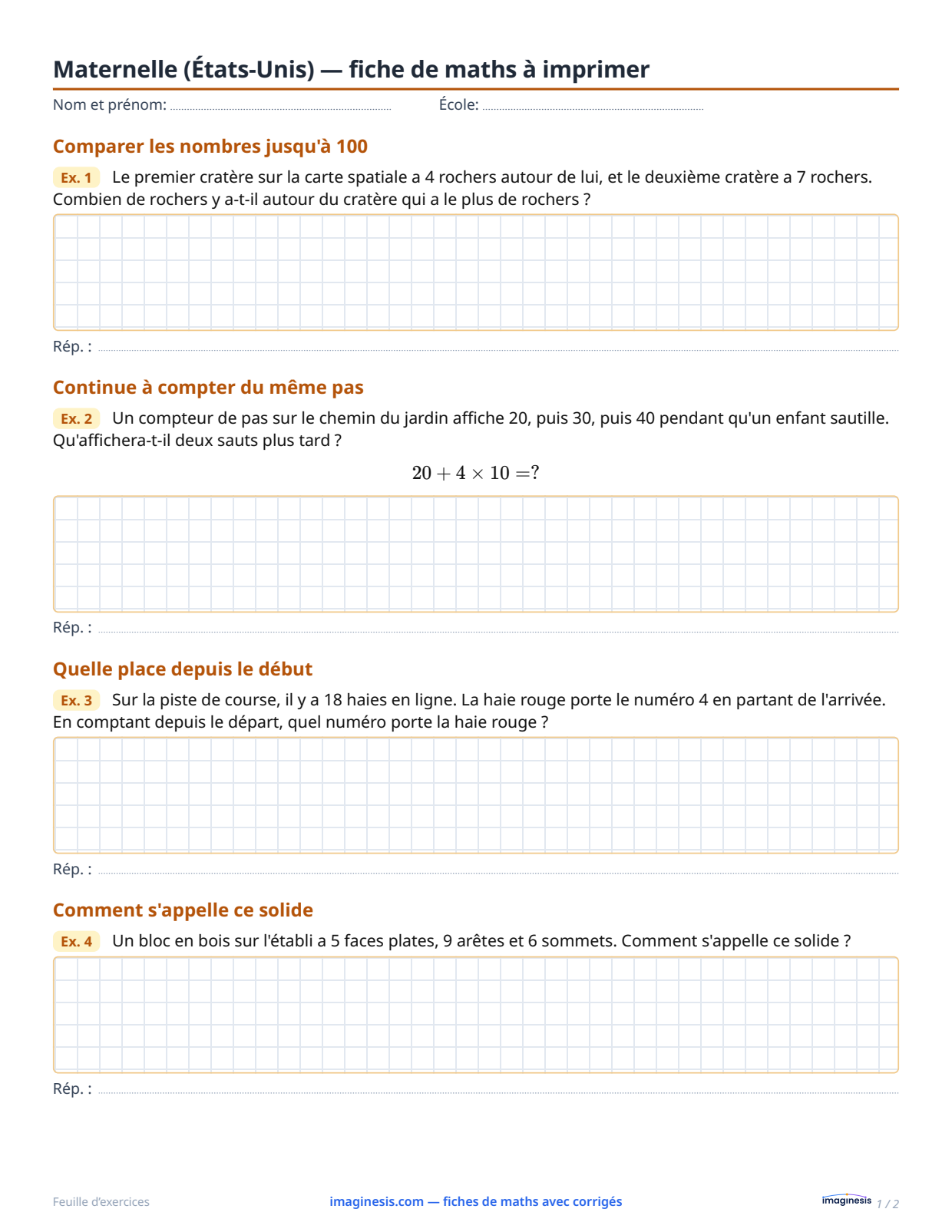 Maternelle (États-Unis) — fiche de maths à imprimer — Fiche élève : fiche de maths à imprimer (Maternelle, États-Unis)