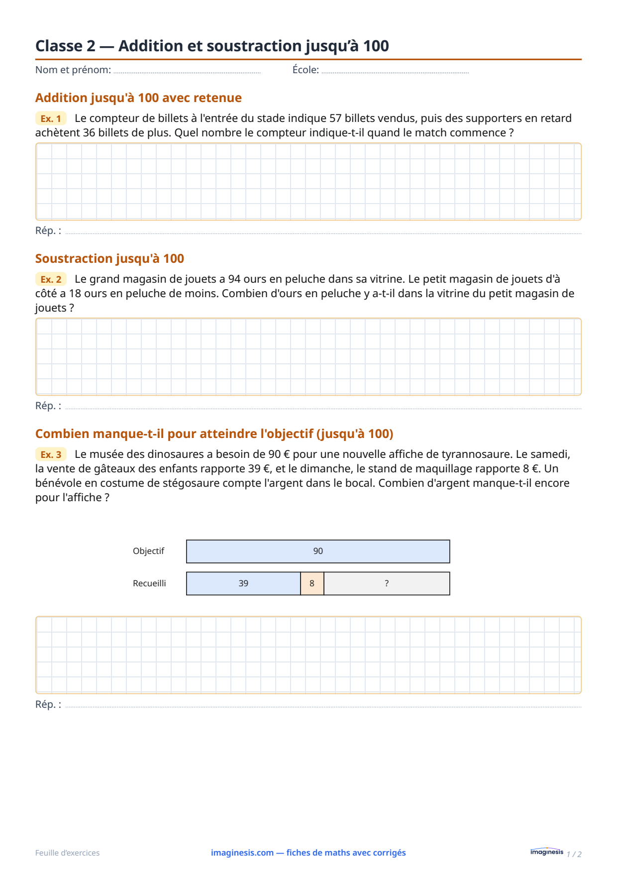 Classe 2 — Addition et soustraction jusqu’à 100 — Fiche élève : fiche de maths à imprimer (2e année, Allemagne)