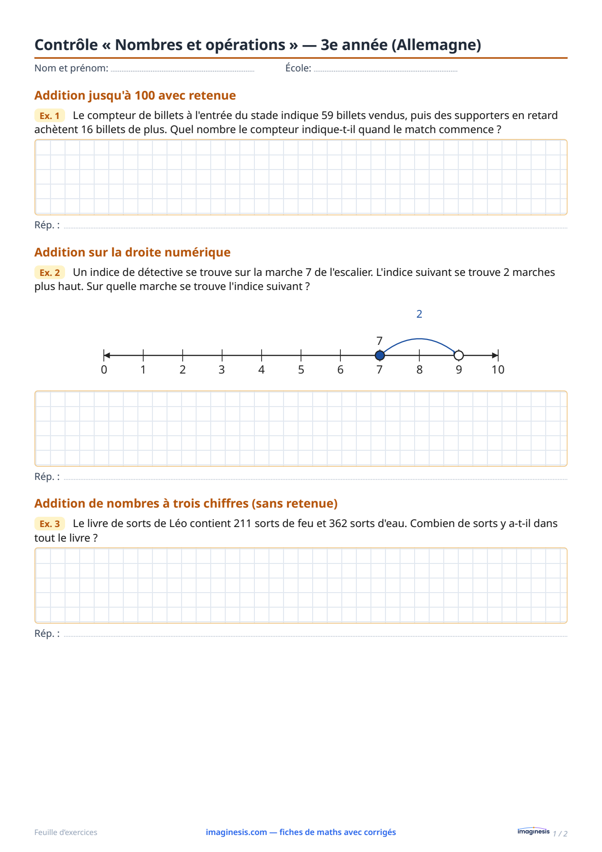 Contrôle « Nombres et opérations » — 3e année (Allemagne) — Fiche élève : fiche de maths à imprimer (3e année, Allemagne)