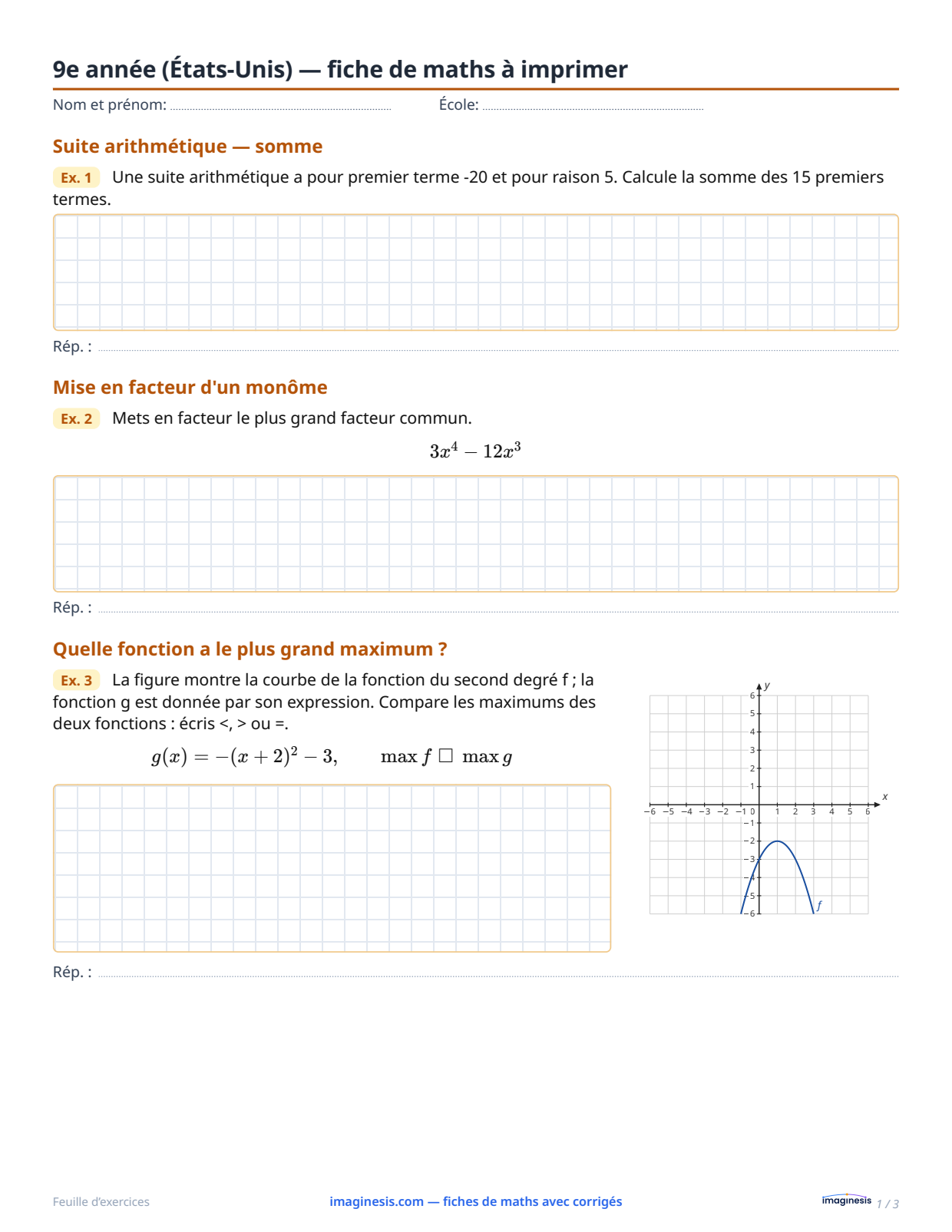 9e année (États-Unis) — fiche de maths à imprimer — Fiche élève : fiche de maths à imprimer (9e année, États-Unis)