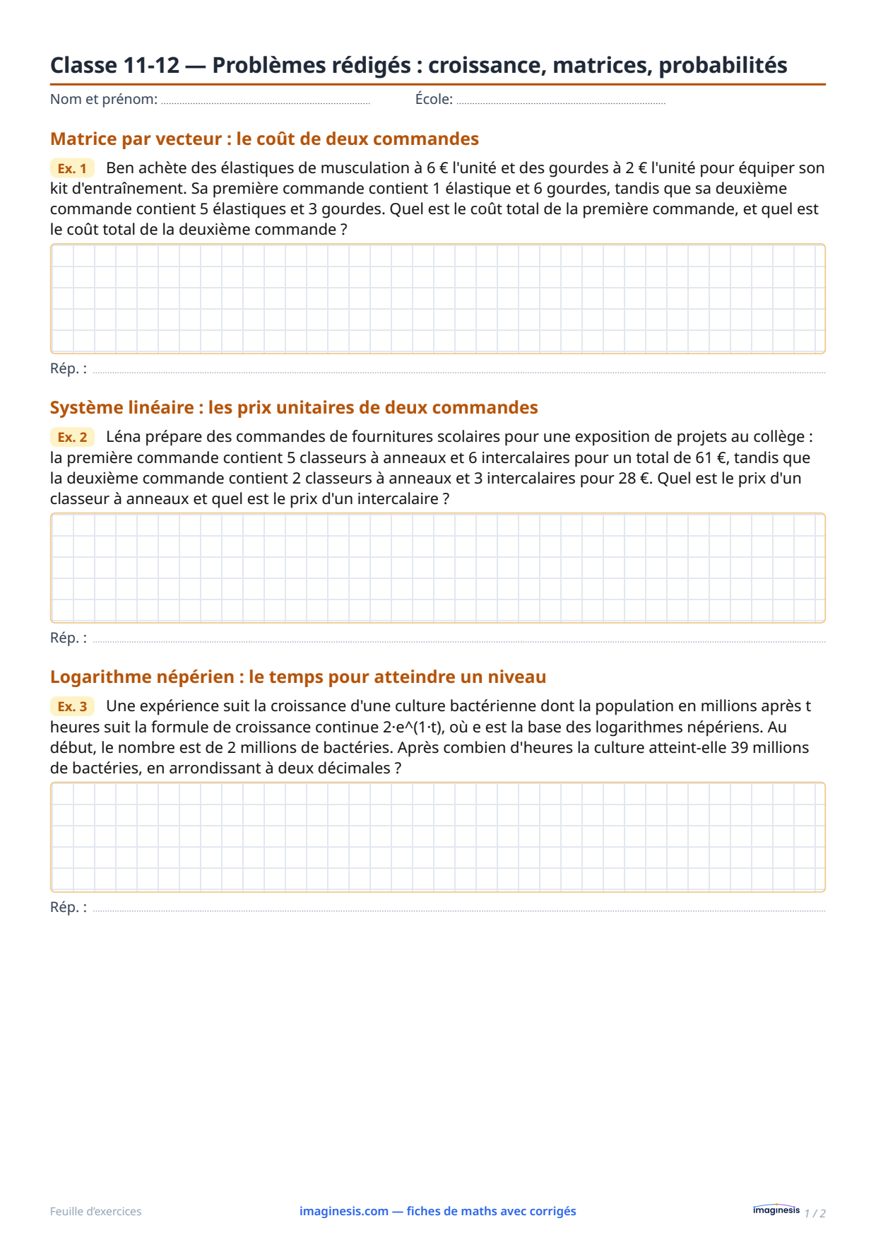 Classe 11-12 — Problèmes rédigés : croissance, matrices, probabilités — Fiche élève : fiche de maths à imprimer (Niveaux 11–12, Allemagne)