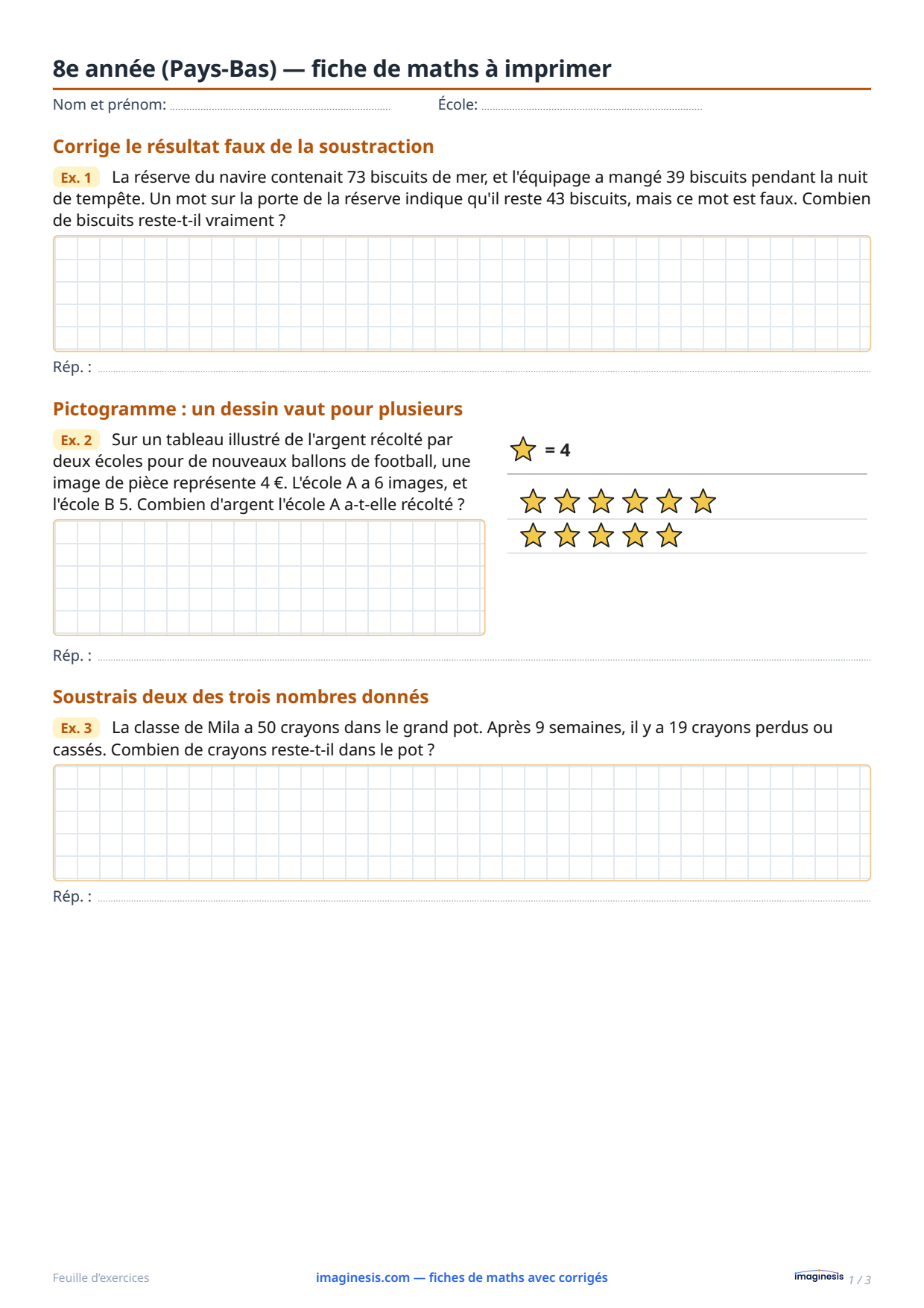 8e année (Pays-Bas) — fiche de maths à imprimer — Fiche élève : fiche de maths à imprimer (8e année, Pays-Bas)