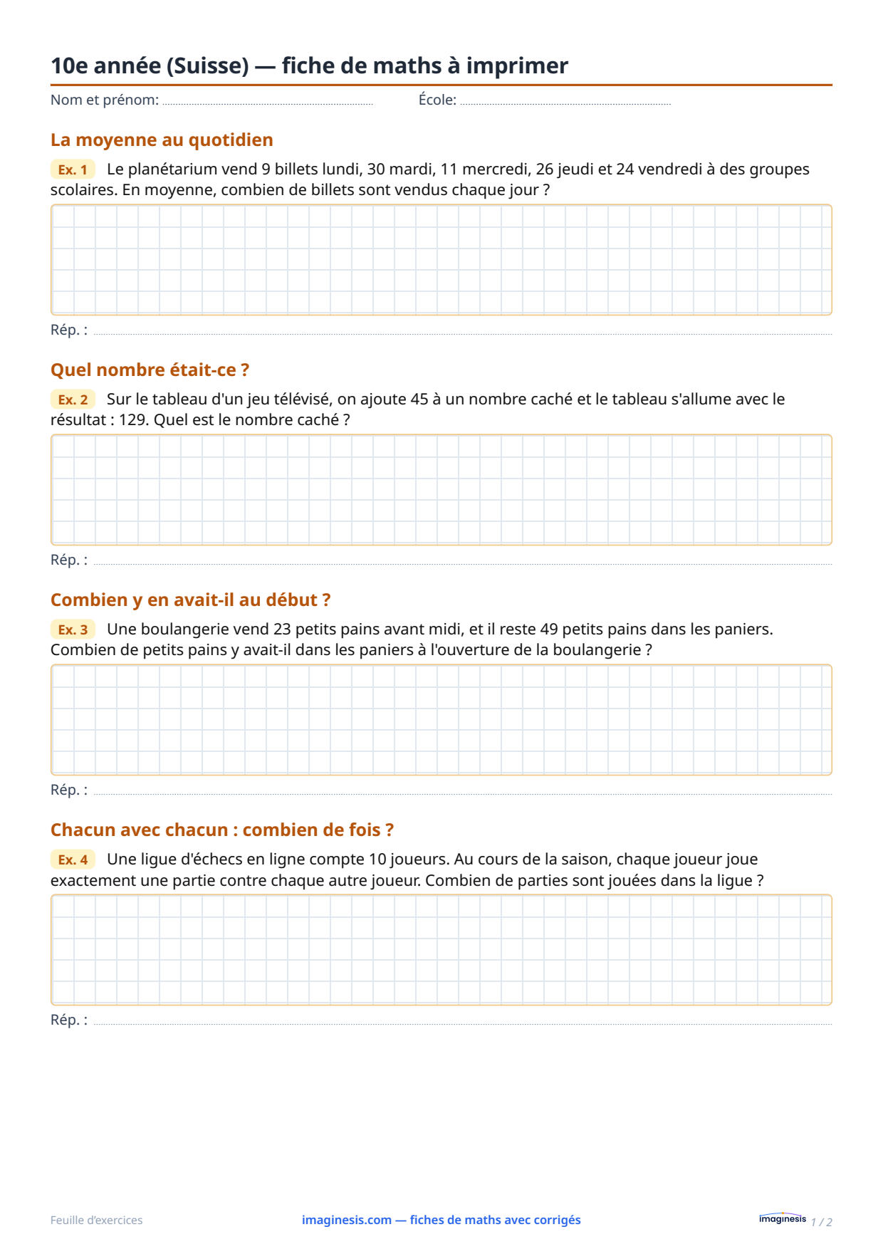 10e année (Suisse) — fiche de maths à imprimer — Fiche élève : fiche de maths à imprimer (10e année, Suisse)