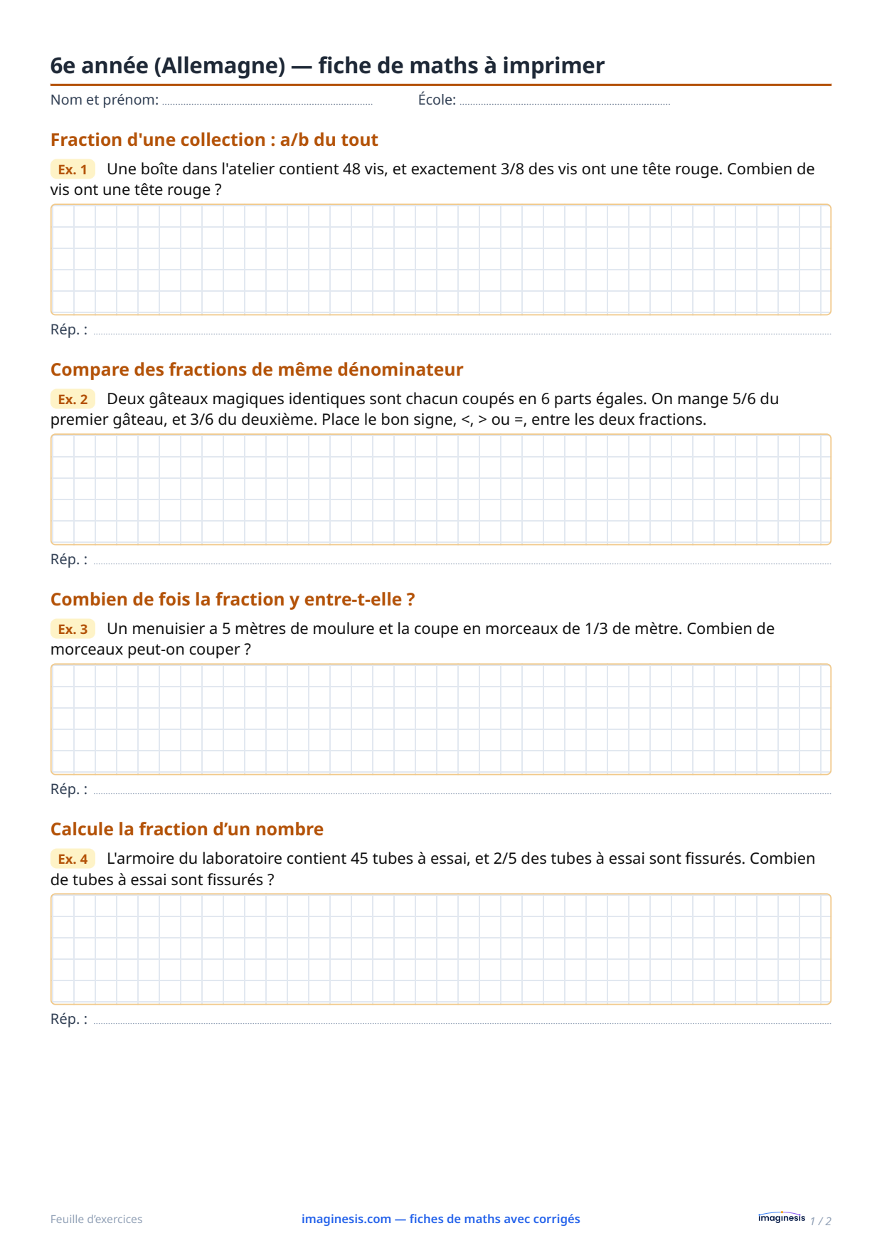 6e année (Allemagne) — fiche de maths à imprimer — Fiche élève : fiche de maths à imprimer (6e année, Allemagne)