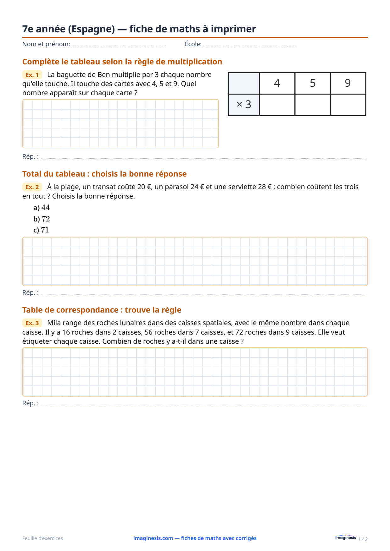 7e année (Espagne) — fiche de maths à imprimer — Fiche élève : fiche de maths à imprimer (7e année, Espagne)