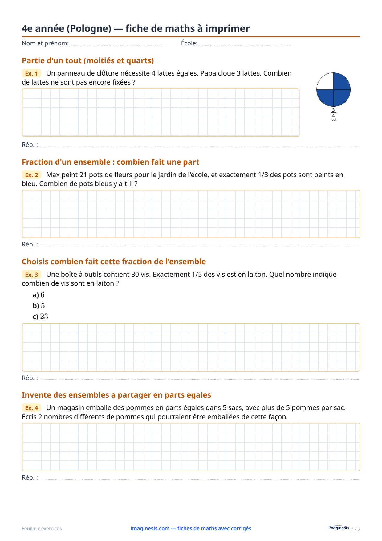 4e année (Pologne) — fiche de maths à imprimer — Fiche élève : fiche de maths à imprimer (4e année, Pologne)